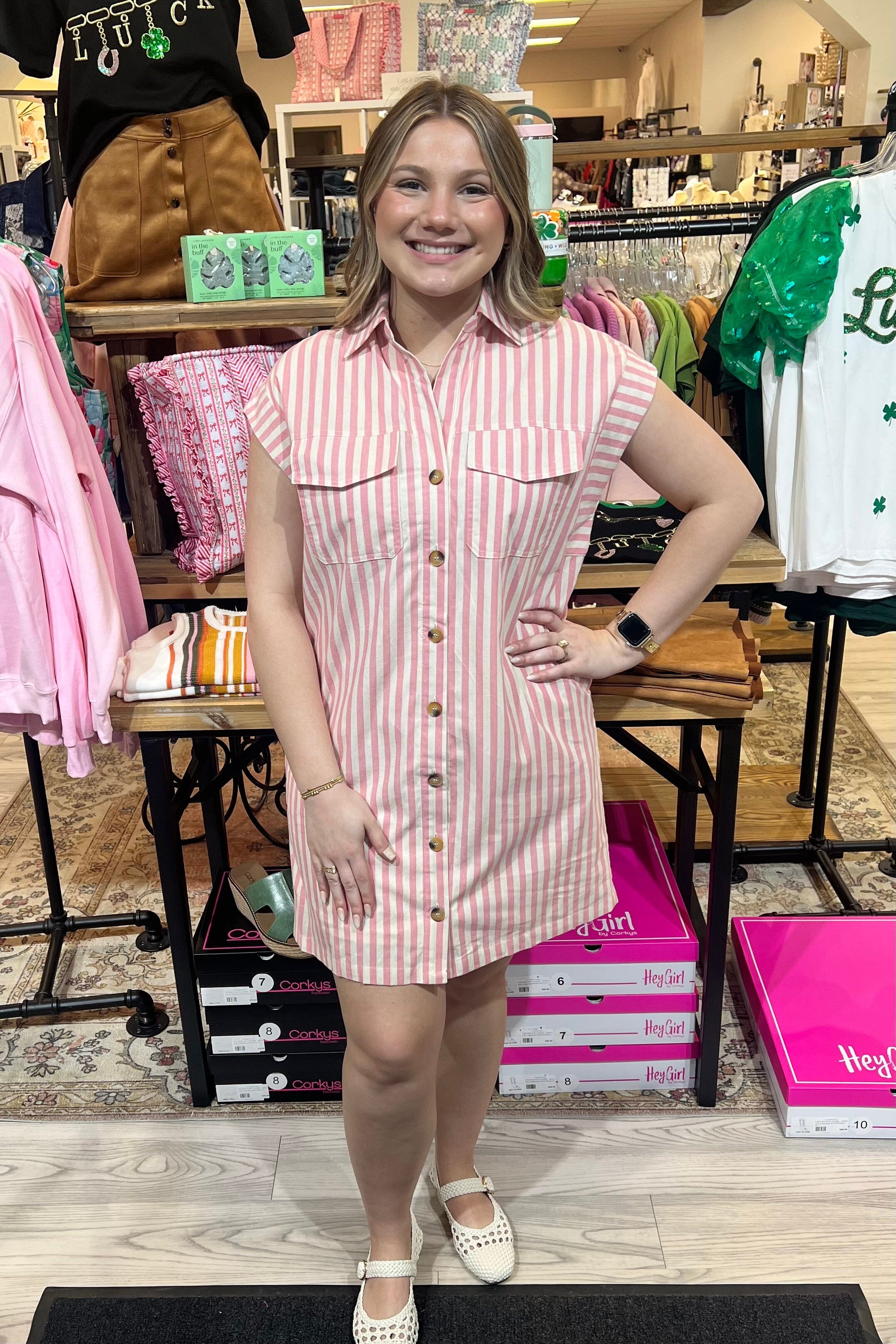 Drop Sleeve Woven Stripe Collared Button Down Mini Dress DRESS SHE&SKY