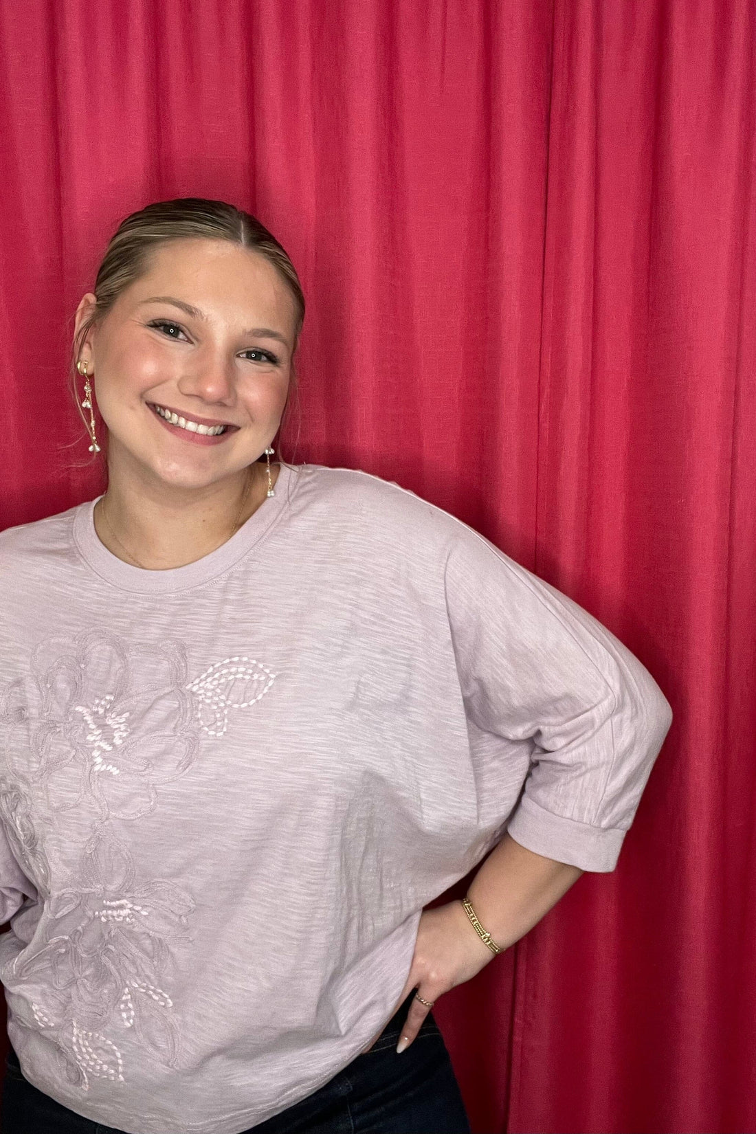 3/4 Dolman Sleeve Scoop Neck Embroidered Knit Top MISSY TOP SPECIAL DEMOCRACY