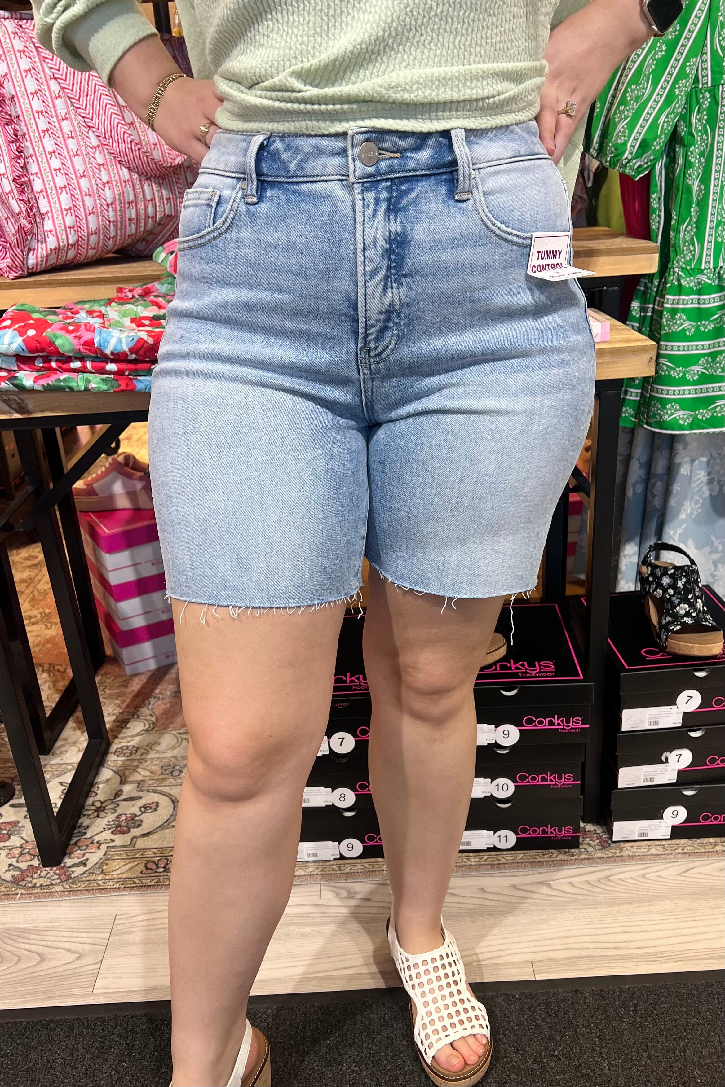 Tummy Control High Rise Mid-Length Raw Hem Shorts BOTTOMS RISEN