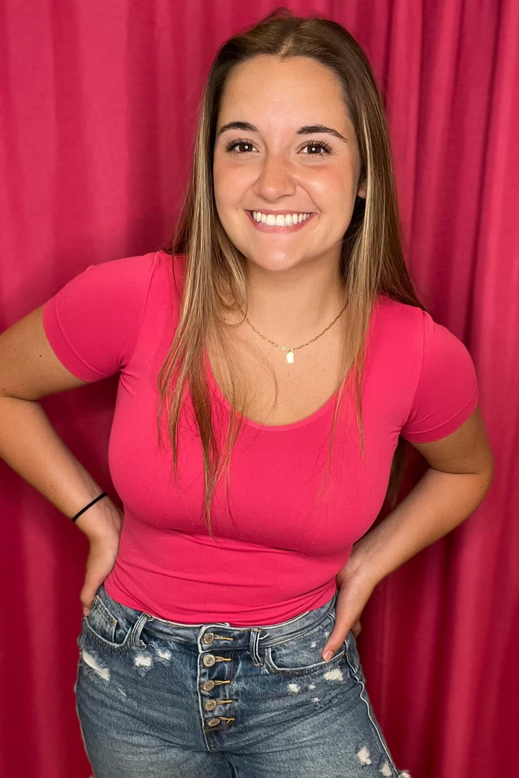 Reversible V + Round Neck Short Sleeve Top JRTOP CASUAL TOP YELETE FUSCHIA SMALL-LARGE