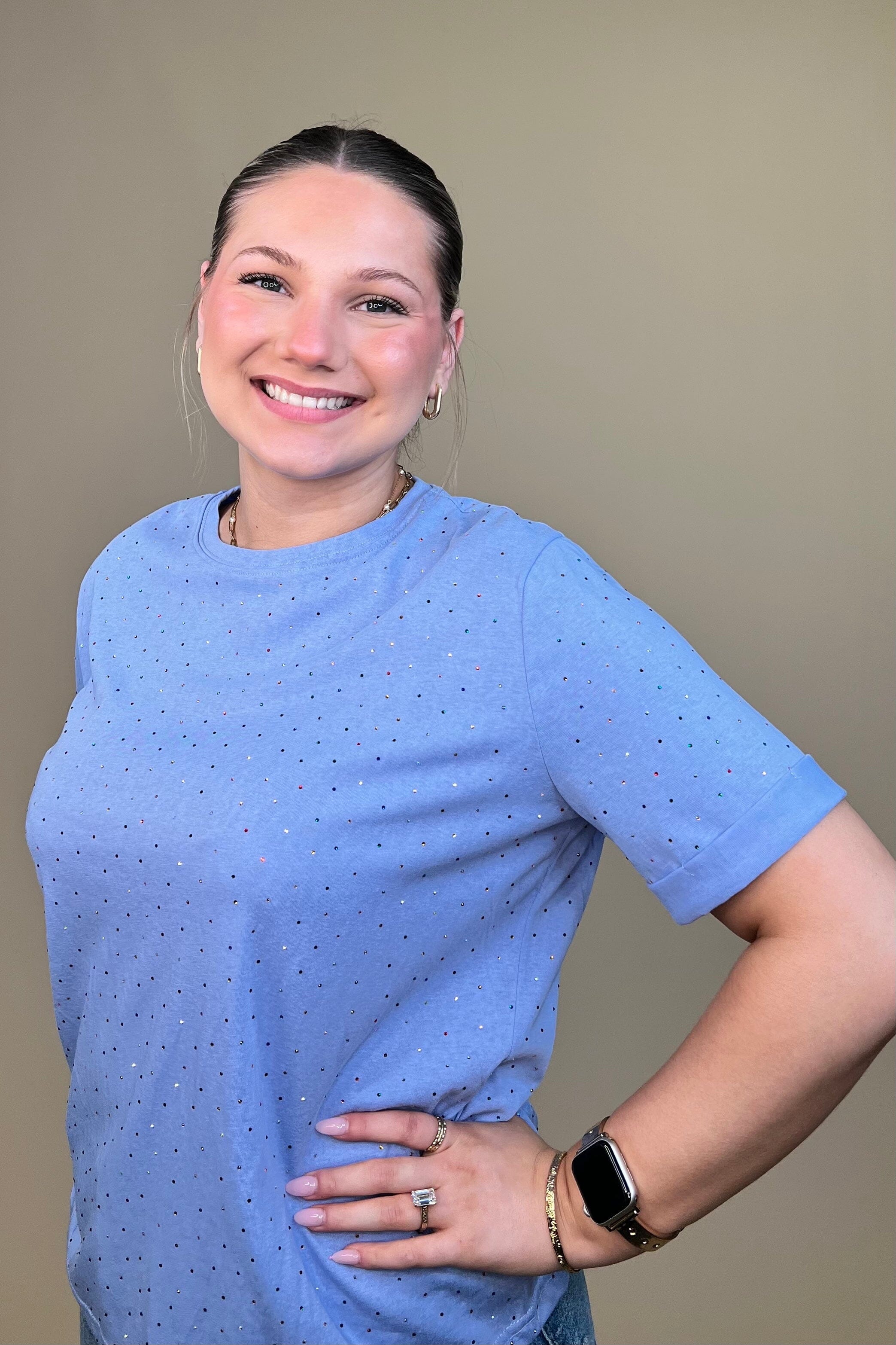 Short Rolled Sleeve Tee w/Colored Rhinestones JRTOP CASUAL TOP DAVI&DANI
