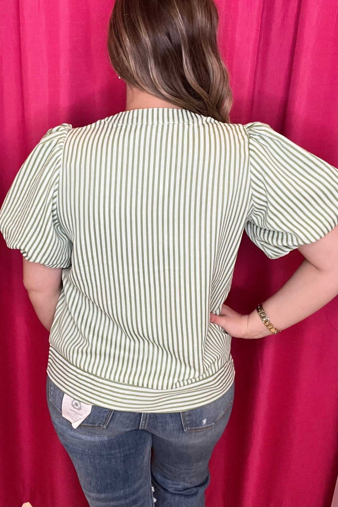 Puff Sleeve Pintuck Detail w/Neck Tie Woven Stripe Top JR TOP DRESSY SHE&SKY