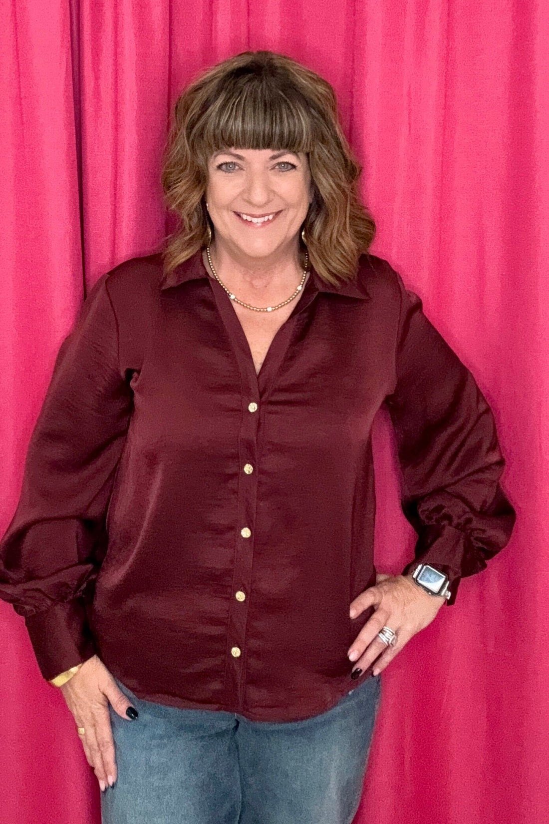 V-Neck Collar Neck Button Down Shirt JR TOP DRESSY GLAM