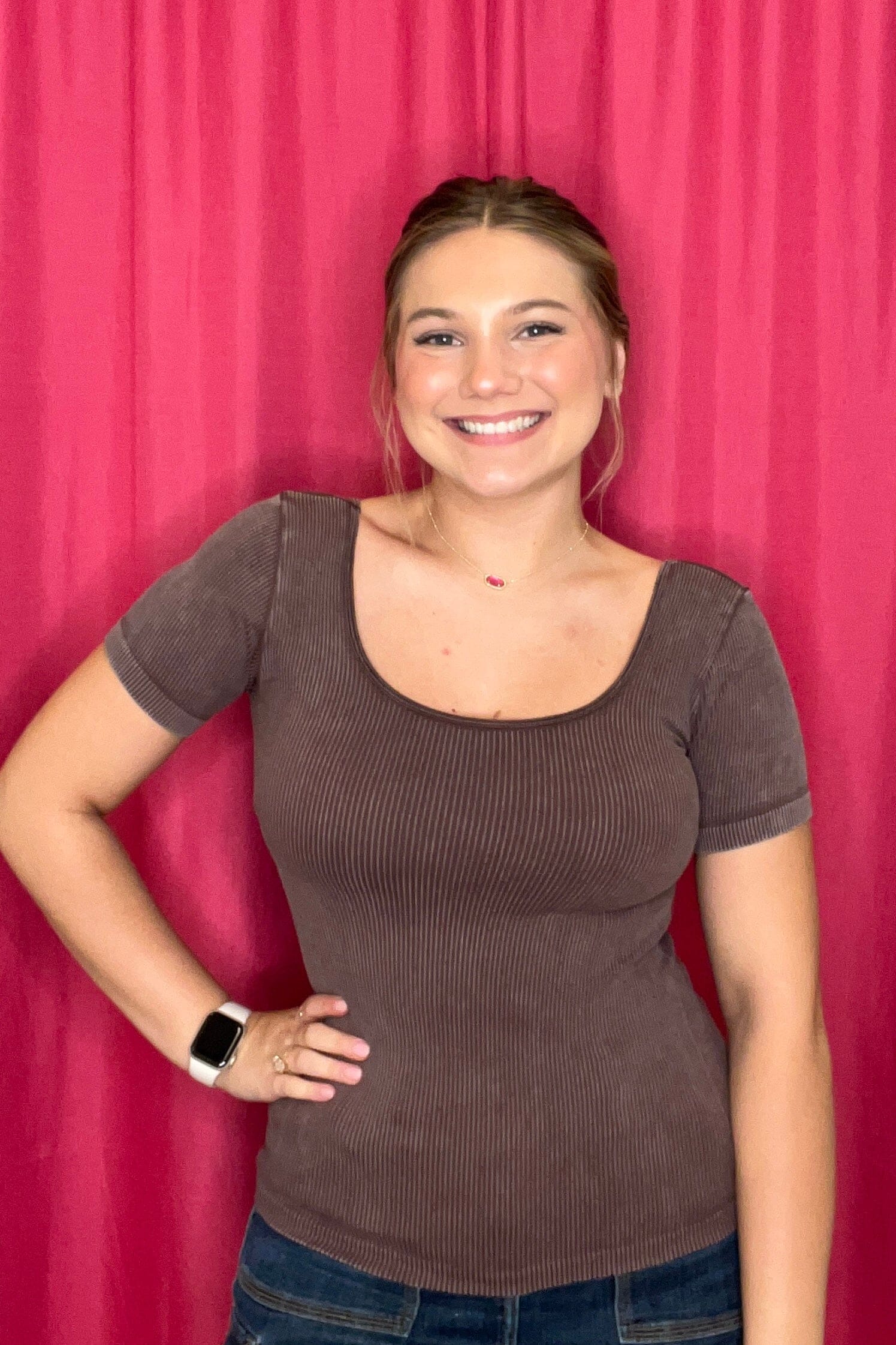 Ribbed Short Sleeve Reversible Top JRTOP CASUAL TOP YELETE BROWN ONESIZE