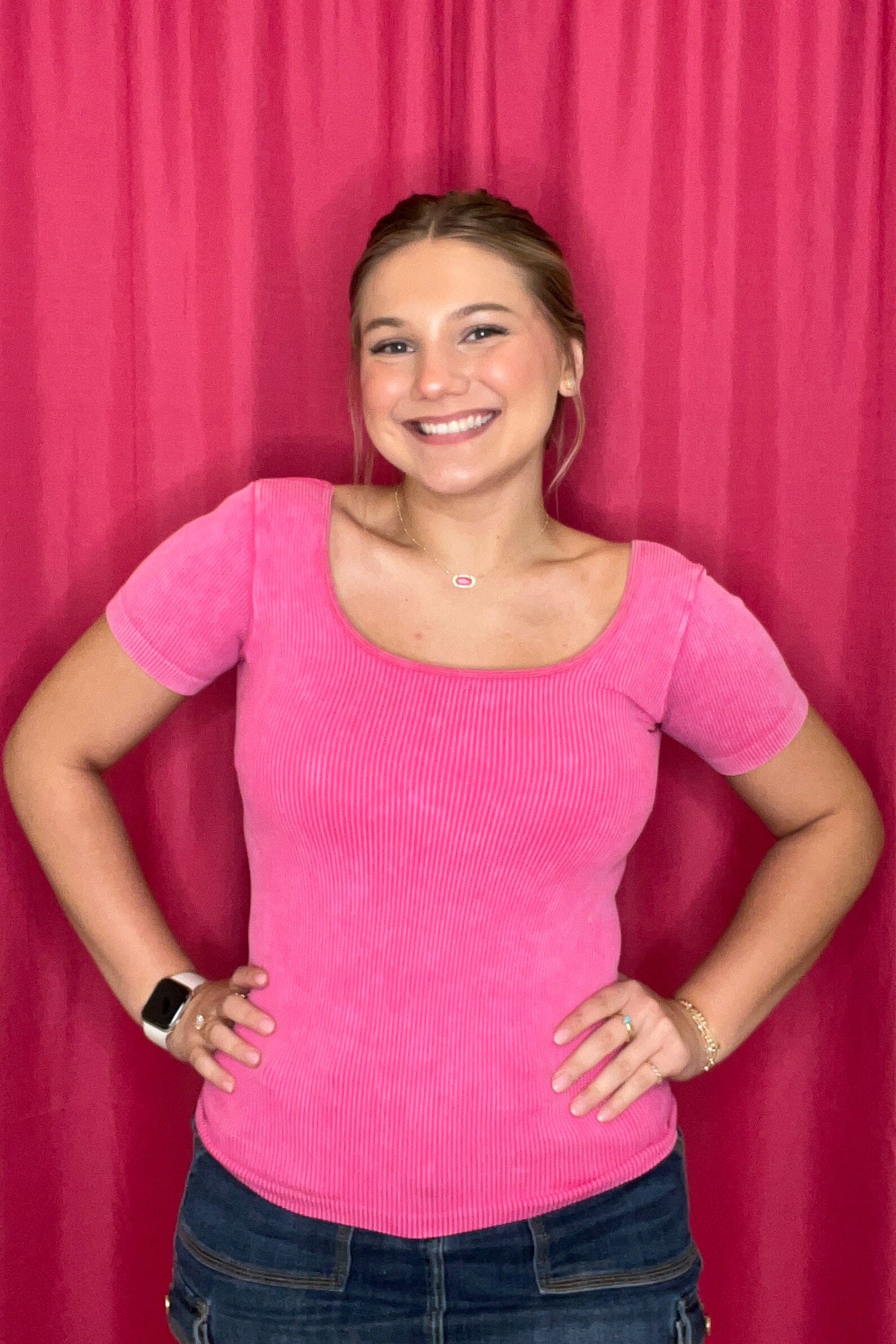 Ribbed Short Sleeve Reversible Top JRTOP CASUAL TOP YELETE FUSCHIA ONESIZE