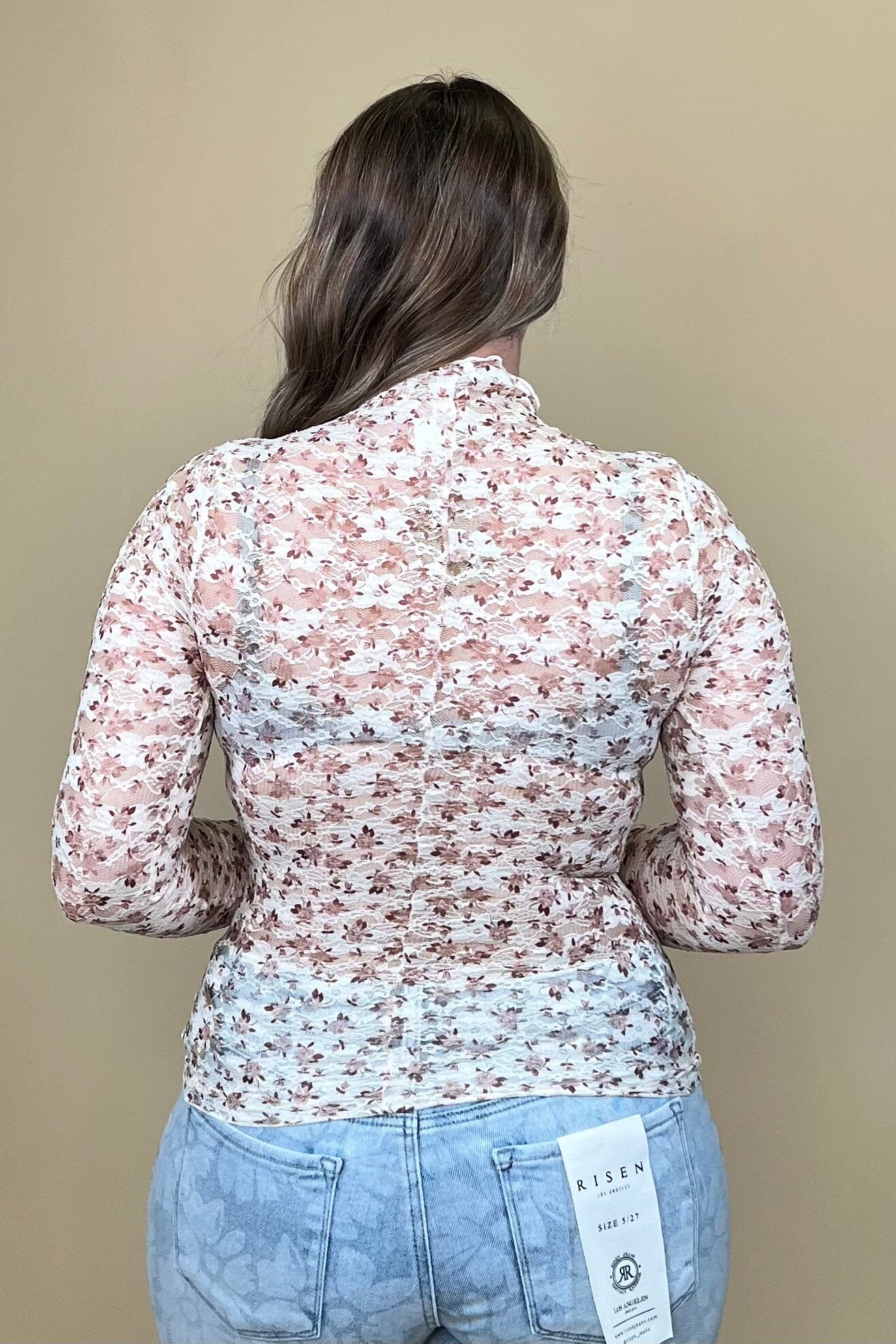 Long Sleeve Floral Lace Mesh - Brown MISSY BASIC KNIT VERYJ