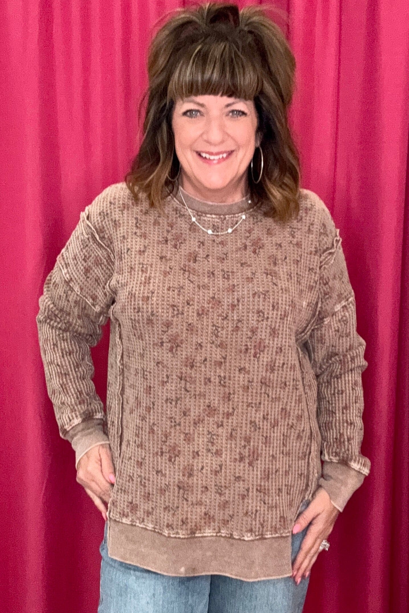 Long Sleeve Printed Floral Thermal Knit JR TOP DRESSY EASEL