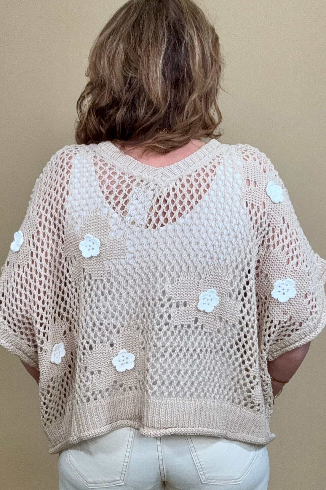 V-Neck Cotton Sweater w/Crocheted Flowers JRTOP CASUAL TOP POL CLOTHING