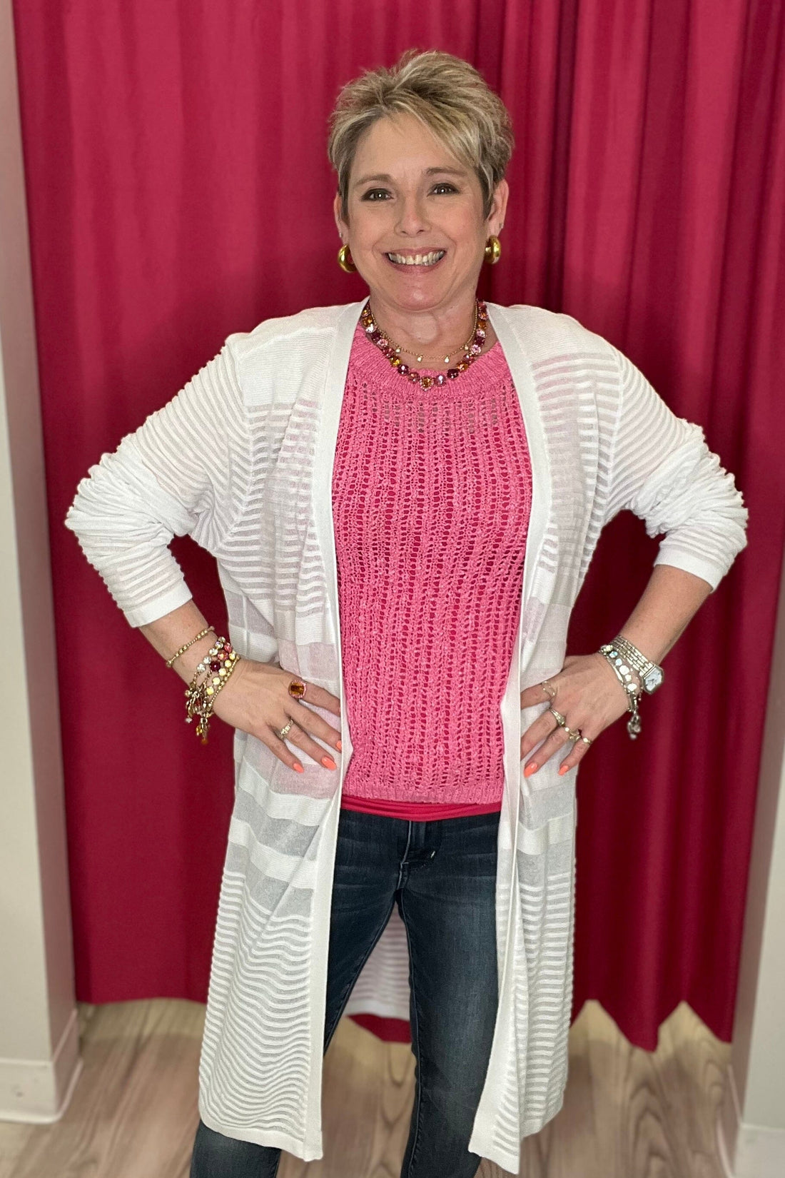 Long Textured Cardigan OUTFIT COMPLETER KEREN HART WHT S