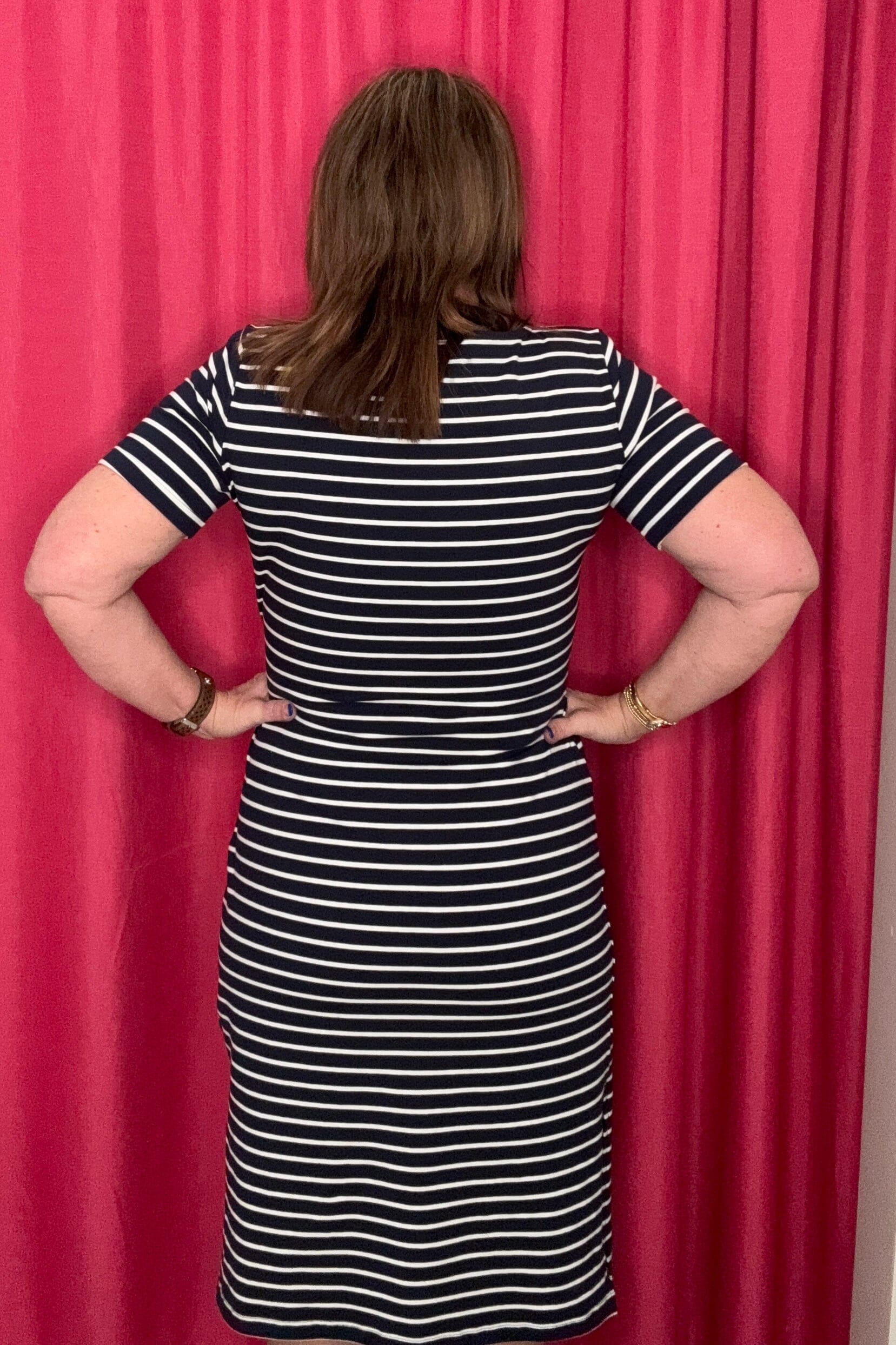 Striped Short Sleeve w/Cuff, Boat Neck Dress w/Tie DRESS CHARLIEB