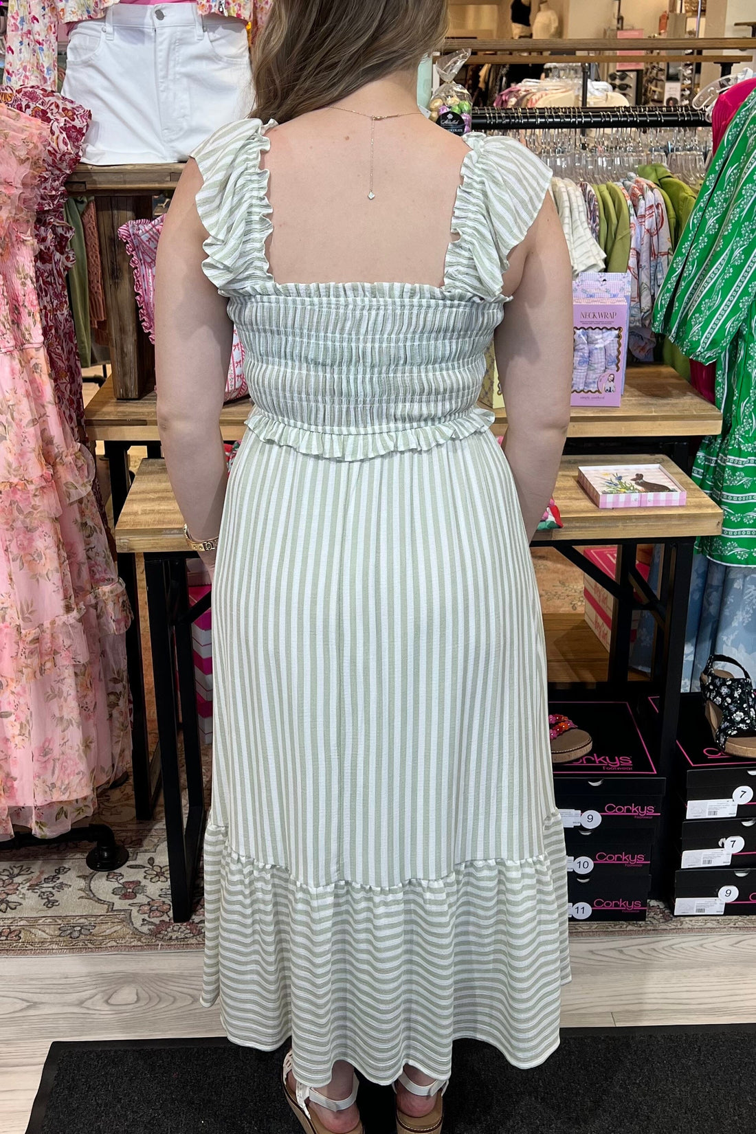 Striped Smocked Ruffle Trim Midi Dress DRESS BLUPEPPER