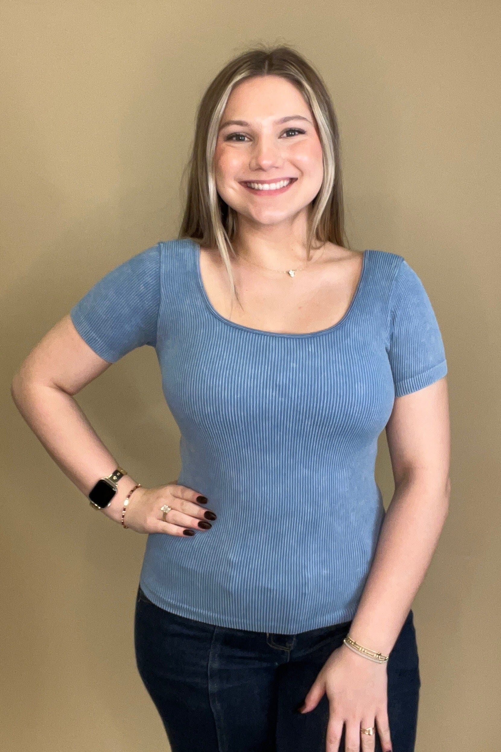 Ribbed Short Sleeve Reversible Top JRTOP CASUAL TOP YELETE DENIM ONESIZE