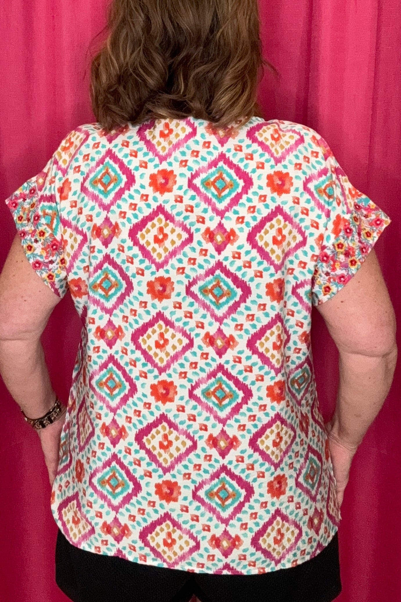 Short Sleeve Aztec Printed Top w/Embroidery JR TOP DRESSY ANDREE
