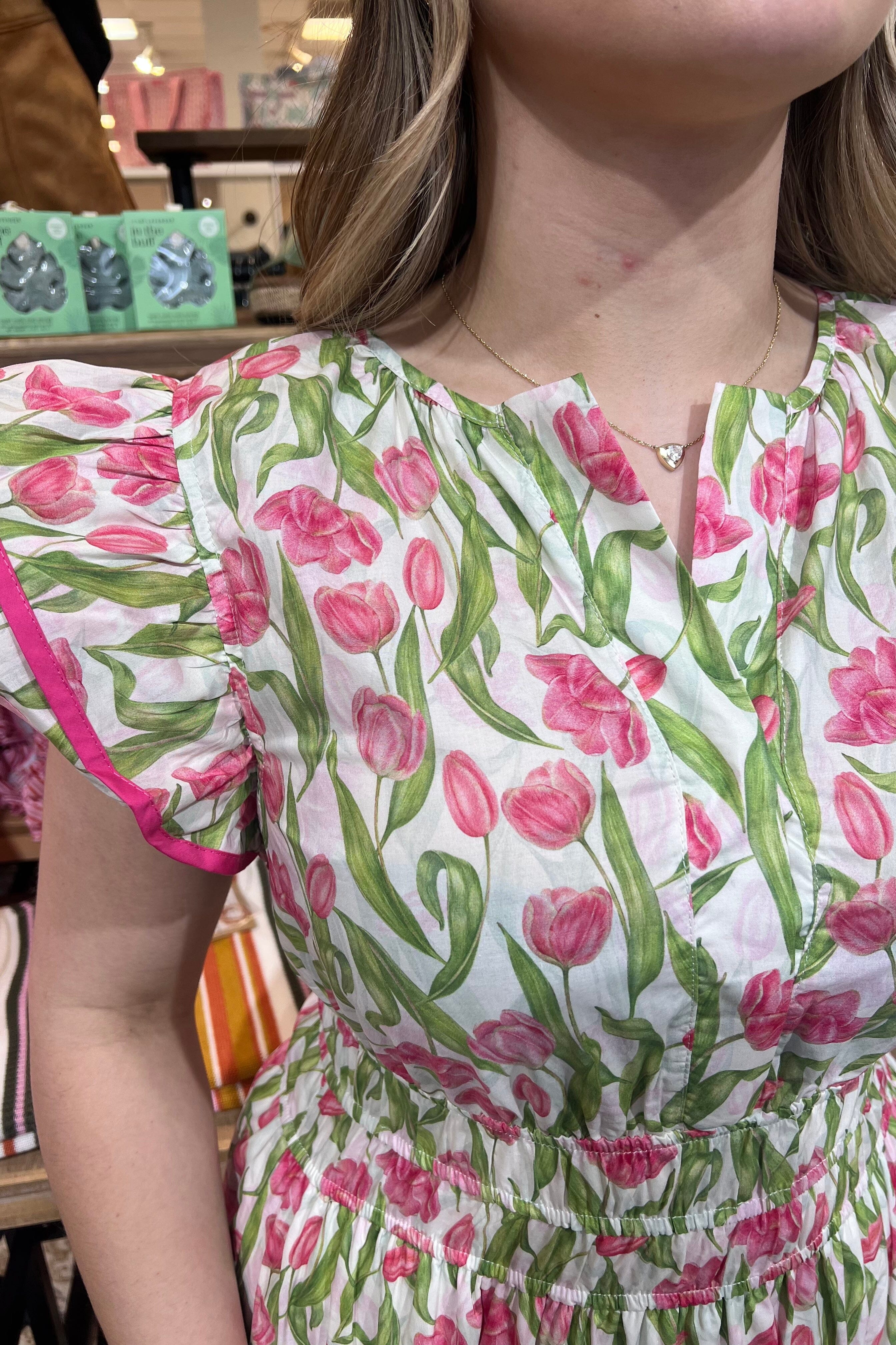 Ruffle Sleeve Woven Tulip Print Midi Dress DRESS SHE&SKY