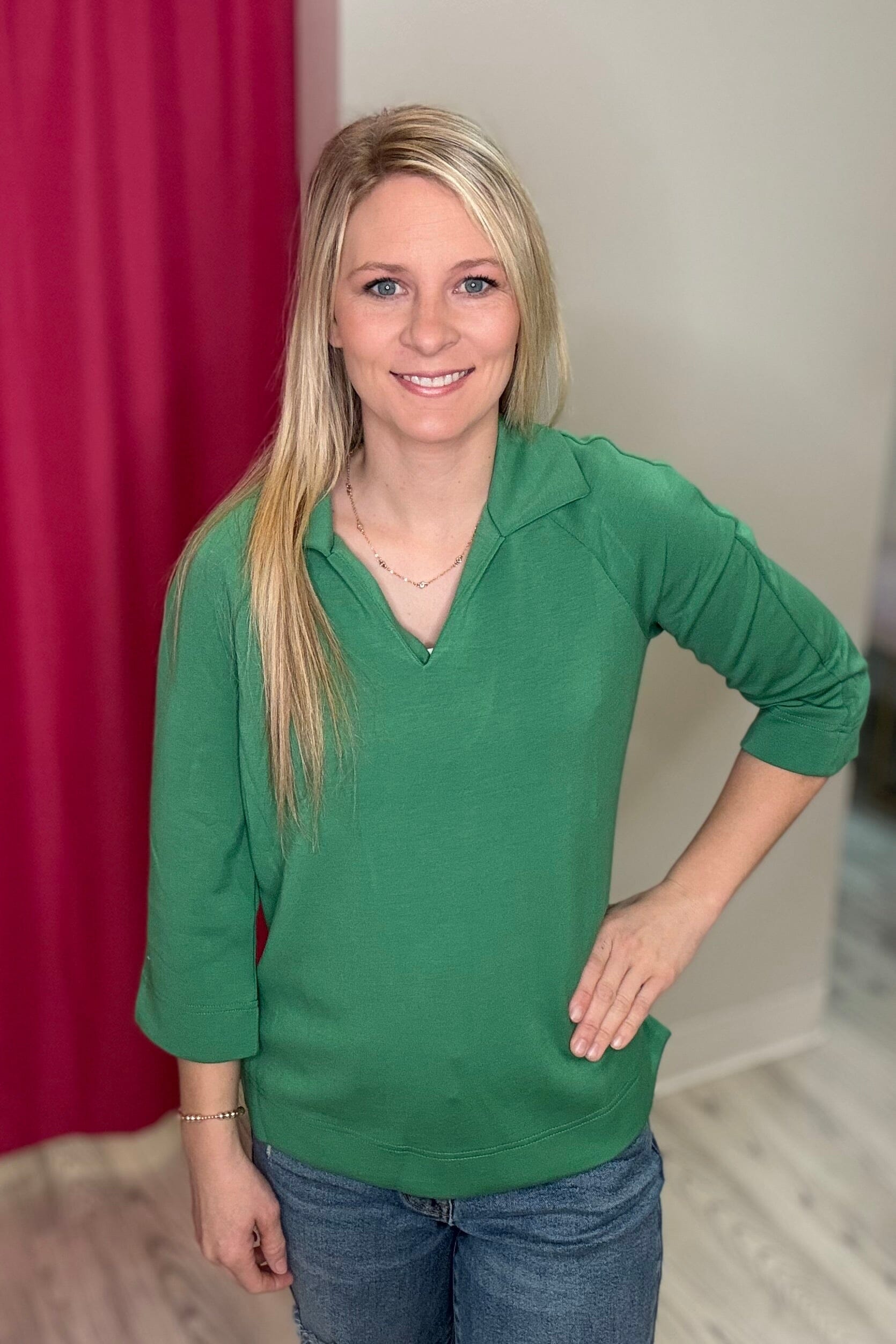 3/4 Sleeve Buttery Soft Techno Collar Polo Top MISSY BASIC KNIT TRIBAL JUNGLE XS