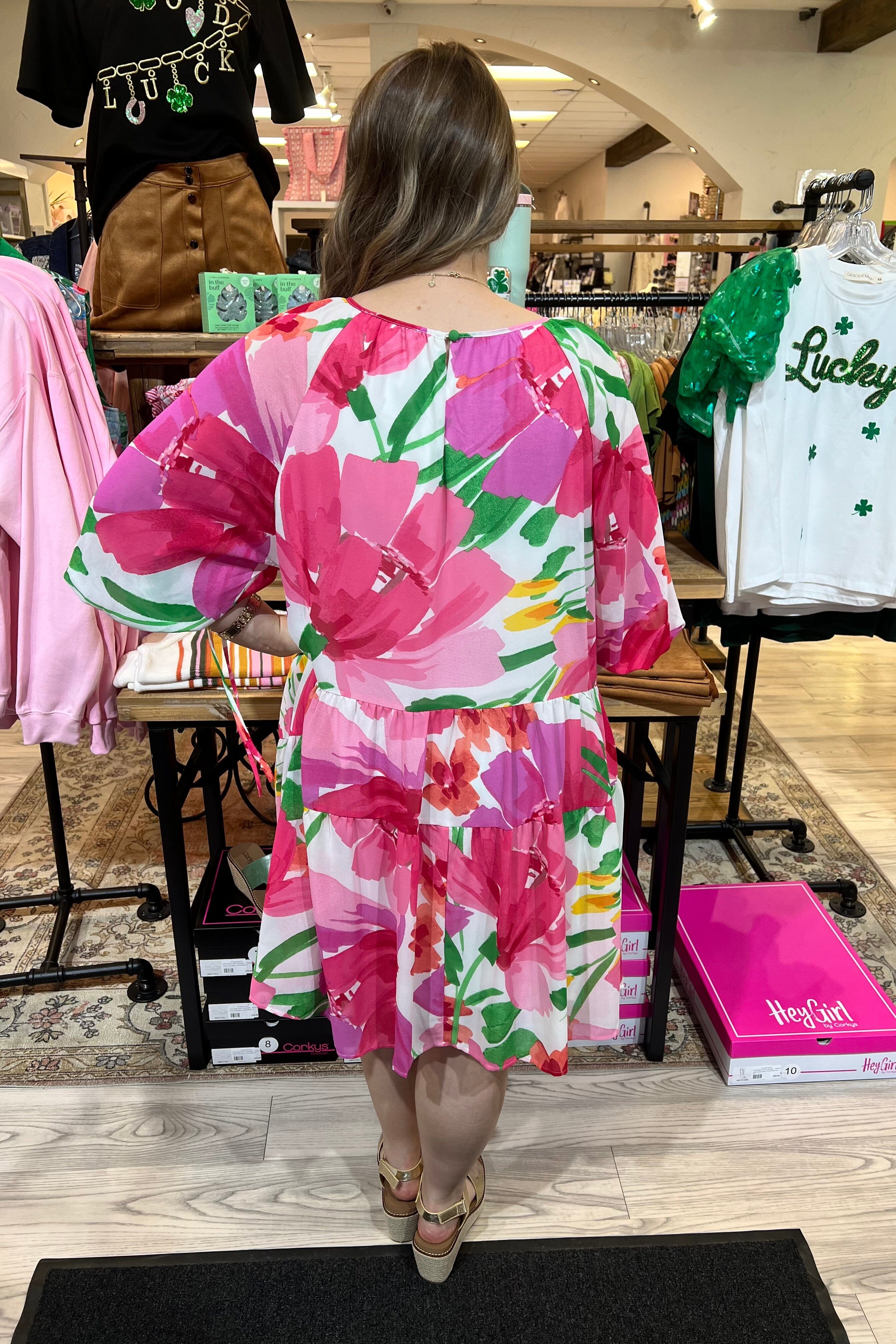 3/4 Sleeve Pockets Tiered Loose Fit Floral Print Mini Dress DRESS WHOLESALE FASHION TRENDS