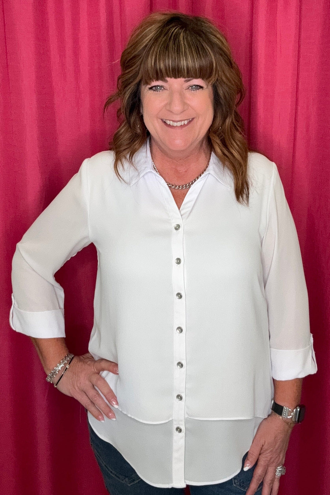 3/4 Sleeve Button Down Tiered Hem High/Low Seam MISSY TOP SPECIAL SOUTHERN LADY WHT S