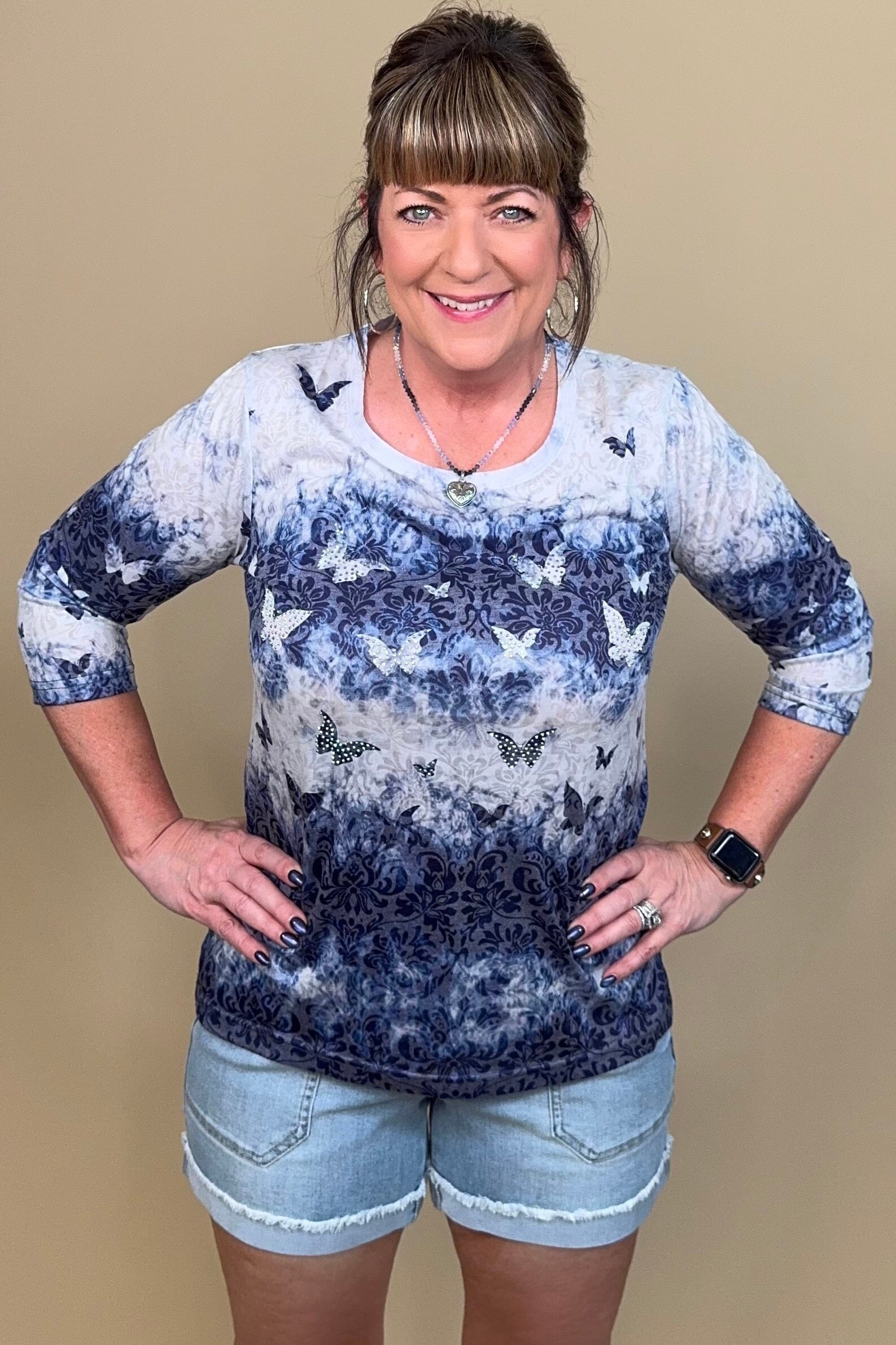 3/4 Slleve Printed Top w/Butterflies and Rhinestones MISSY TOP SPECIAL CREATION