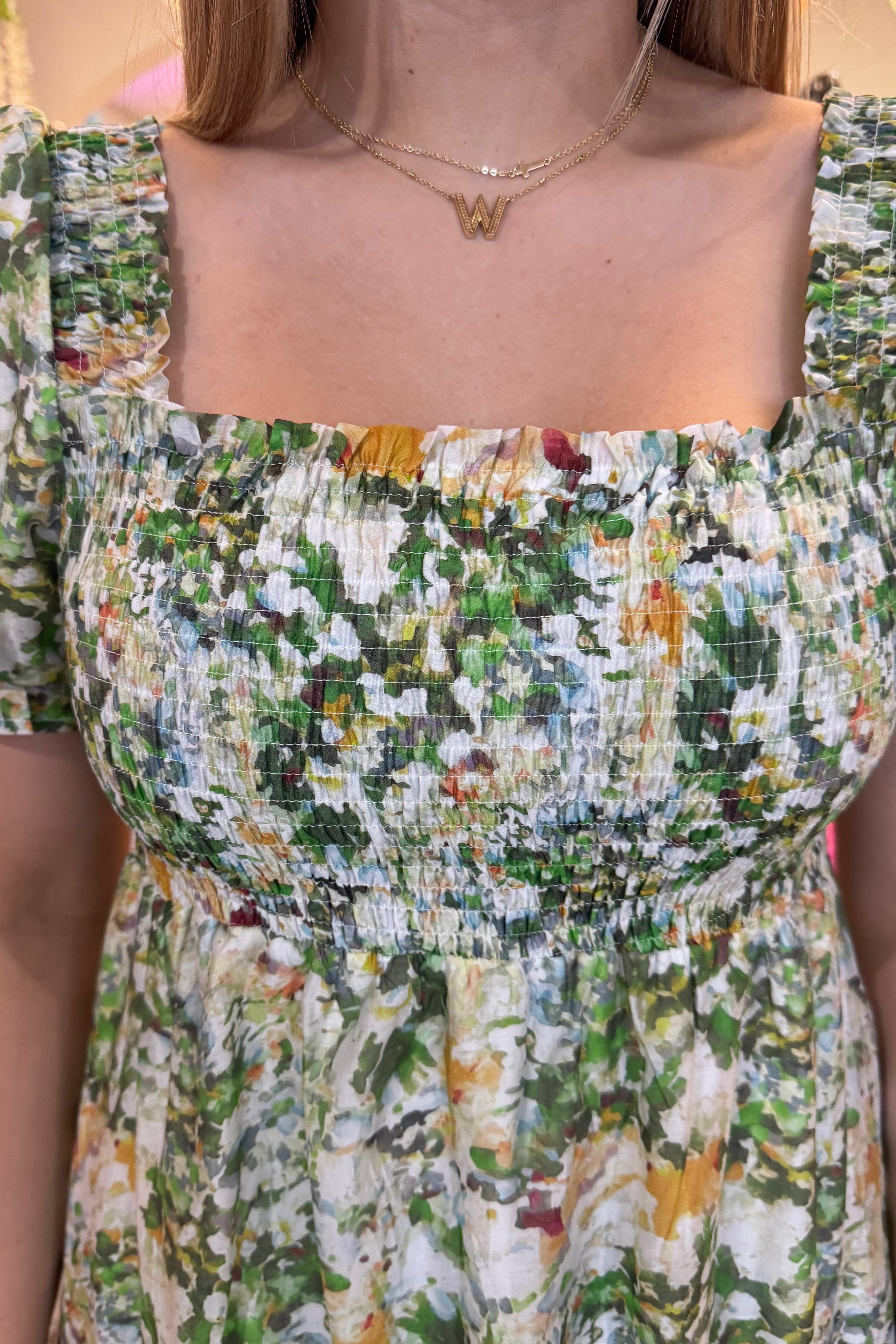 Printed Chiffon Smocked Babydoll Midi Dress DRESS ALLIE & ROSE