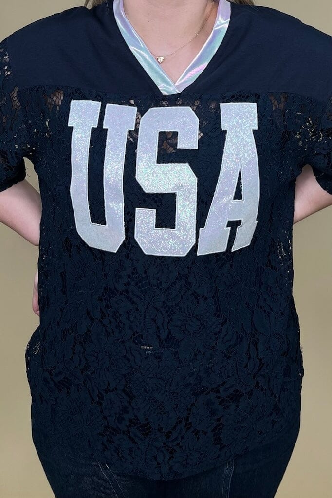 Short Sleeve Lace "USA" Jersey JRTOP CASUAL TOP SOUTHERN GRACE