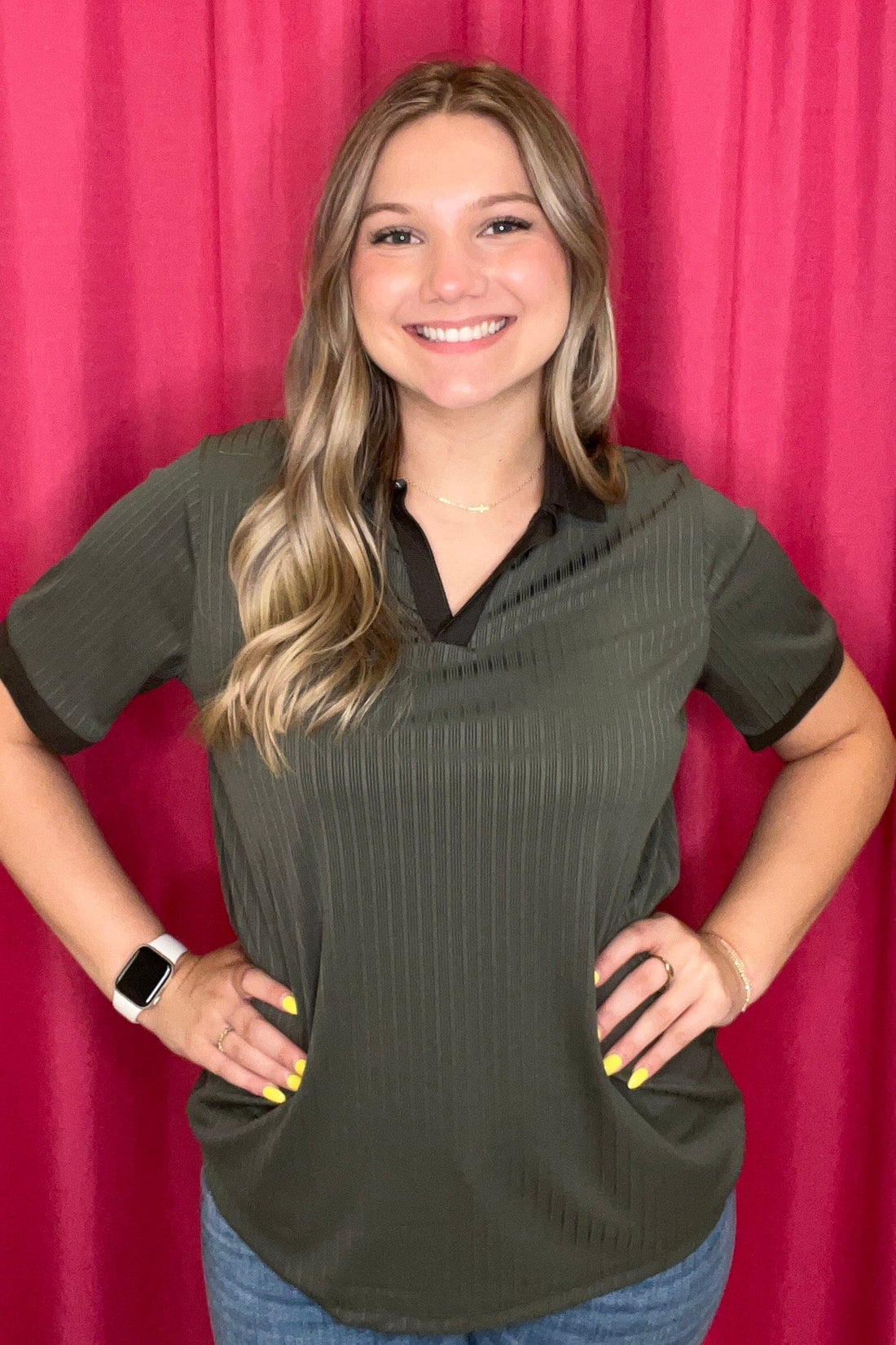 Rib Knit Polo Top w/Collar JRTOP CASUAL TOP SOUTHERN GRACE OLIVE XS