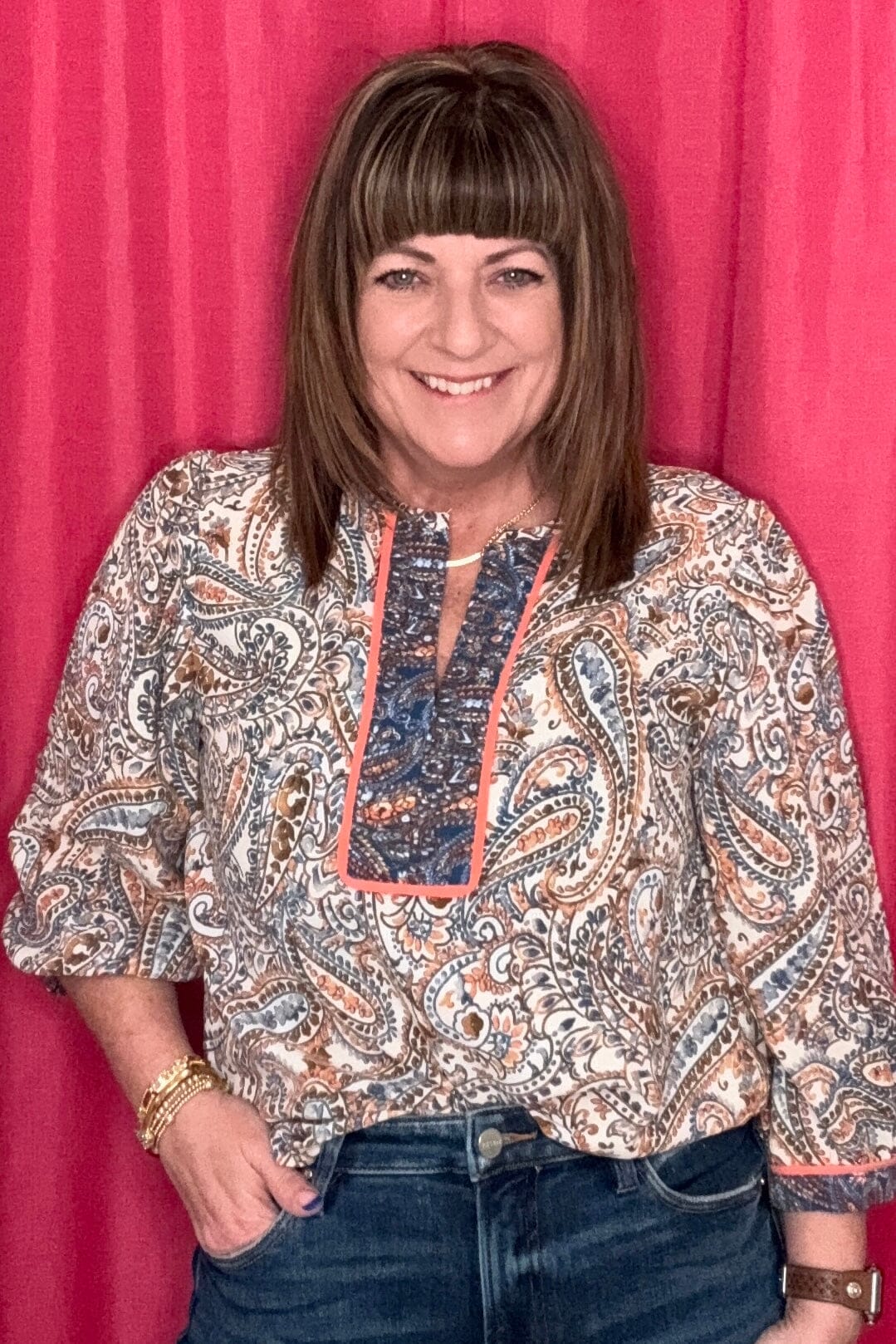 Printed 3/4 Blouson Sleeve Notch Neck MISSY TOP SPECIAL DEMOCRACY