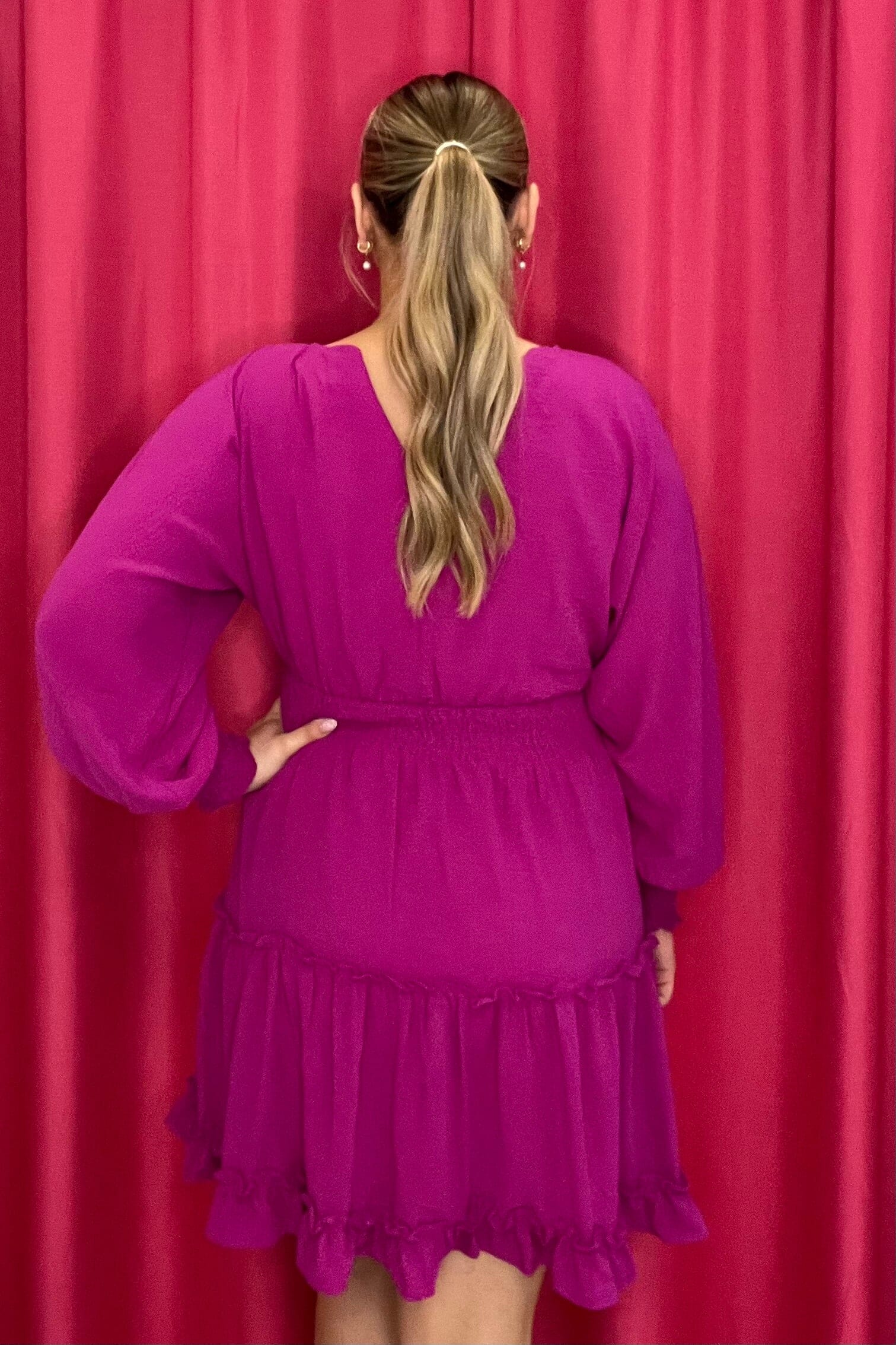 Long Sleeve Woven Smocked Waist Dress DRESS SHE&SKY