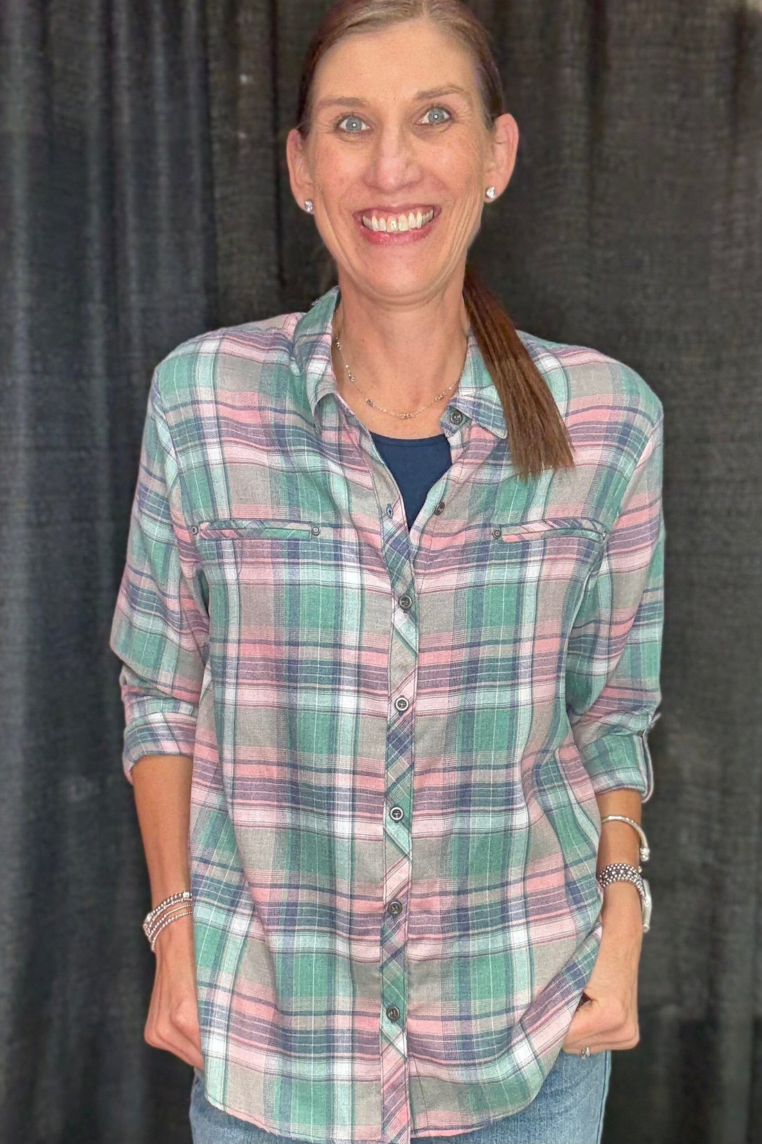 Long Sleeve Button Down Plaid Top MISSY TOP SPECIAL SOUTHERN LADY