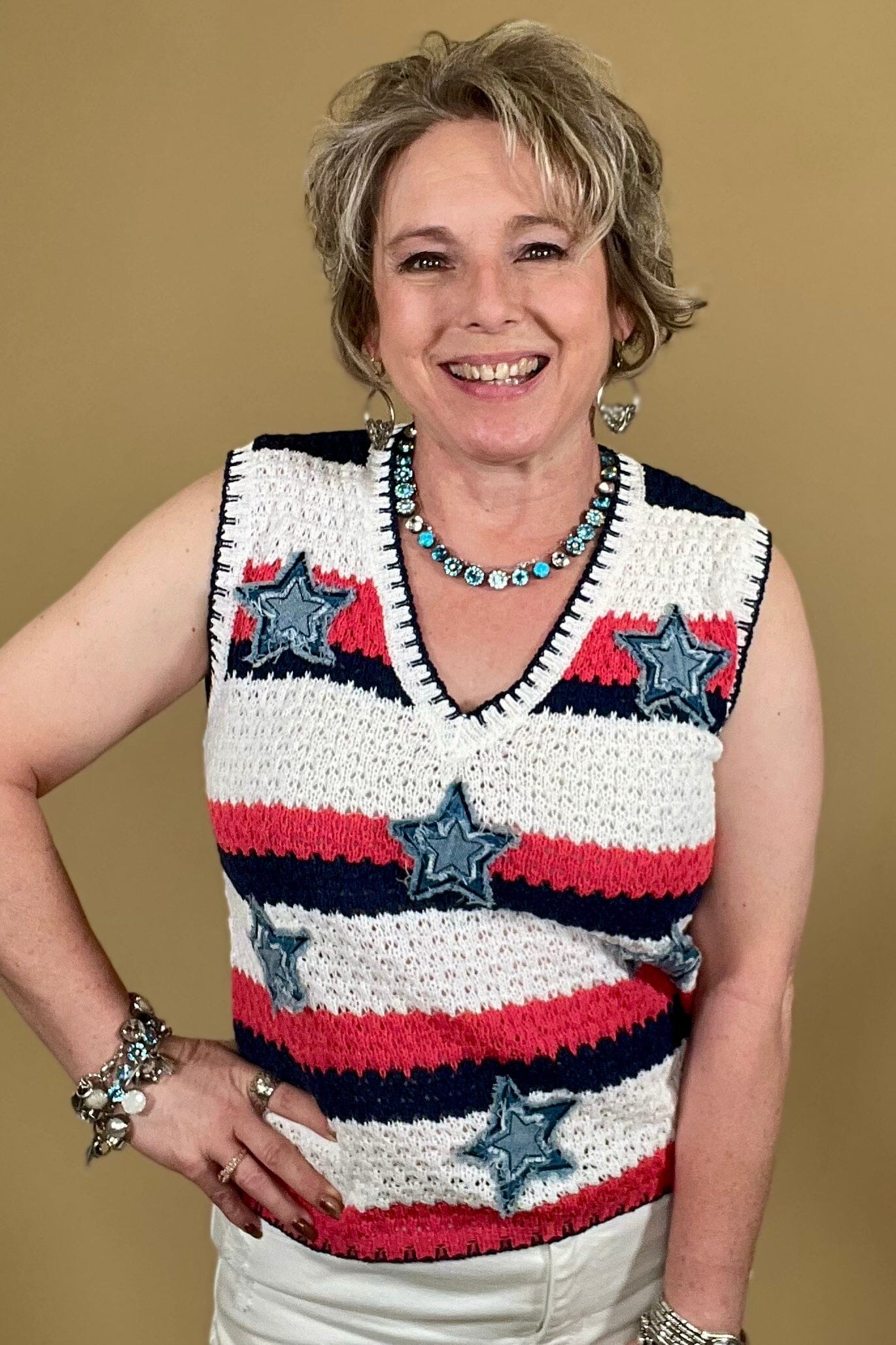 Crochet Top w/Denim Patches JRTOP CASUAL TOP SOUTHERN GRACE