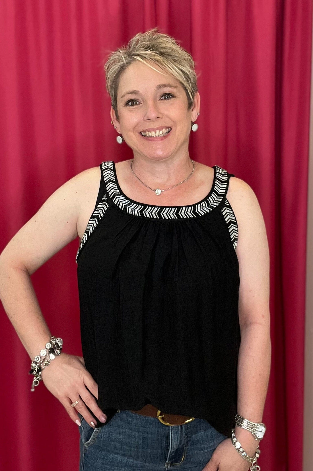 Sleeveless Woven Tank w/Beading MISSY TOP SPECIAL LIVERPOOL