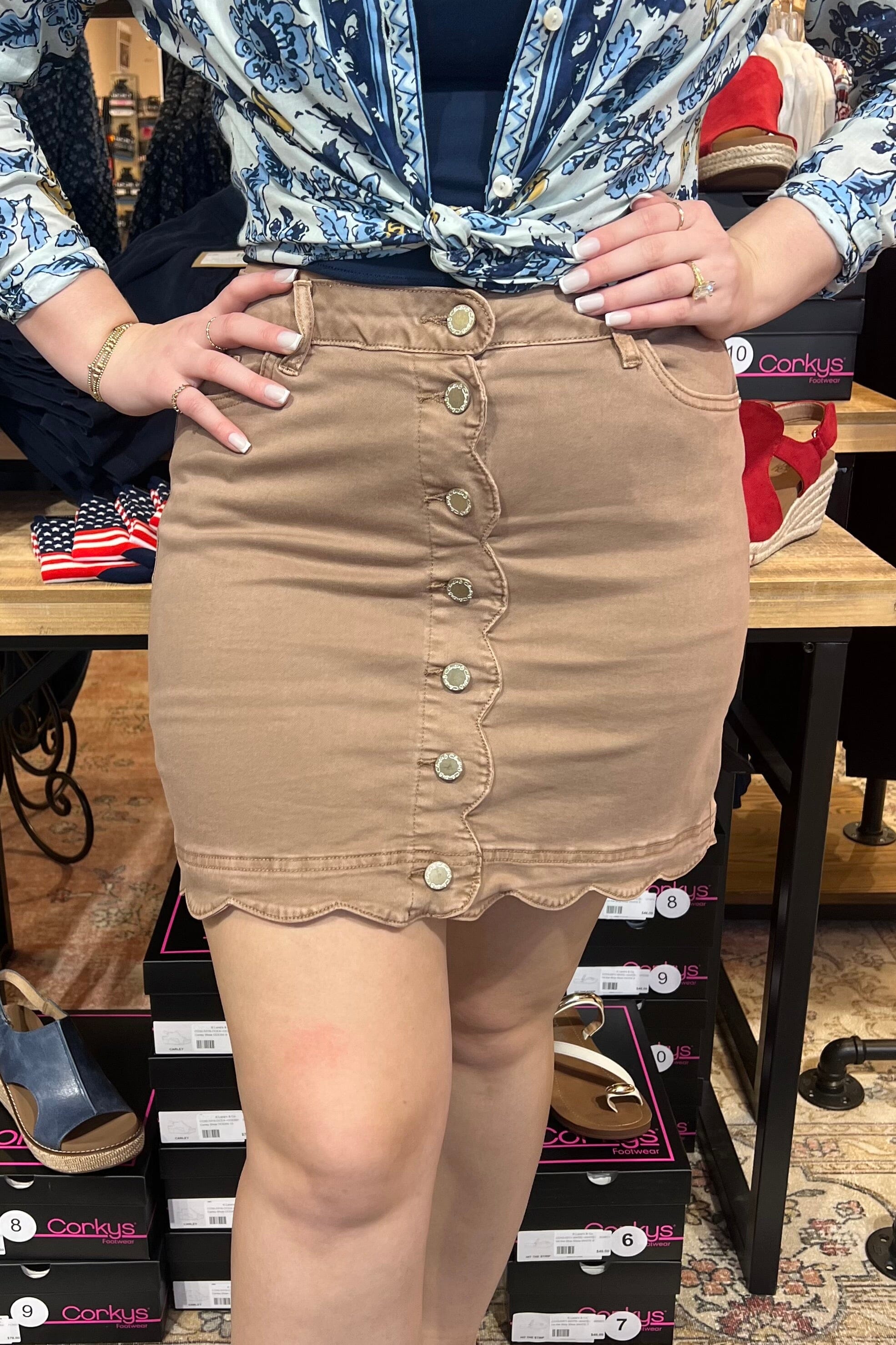 Scalloped Hem Button Front Denim Skort BOTTOMS CHARLIEB