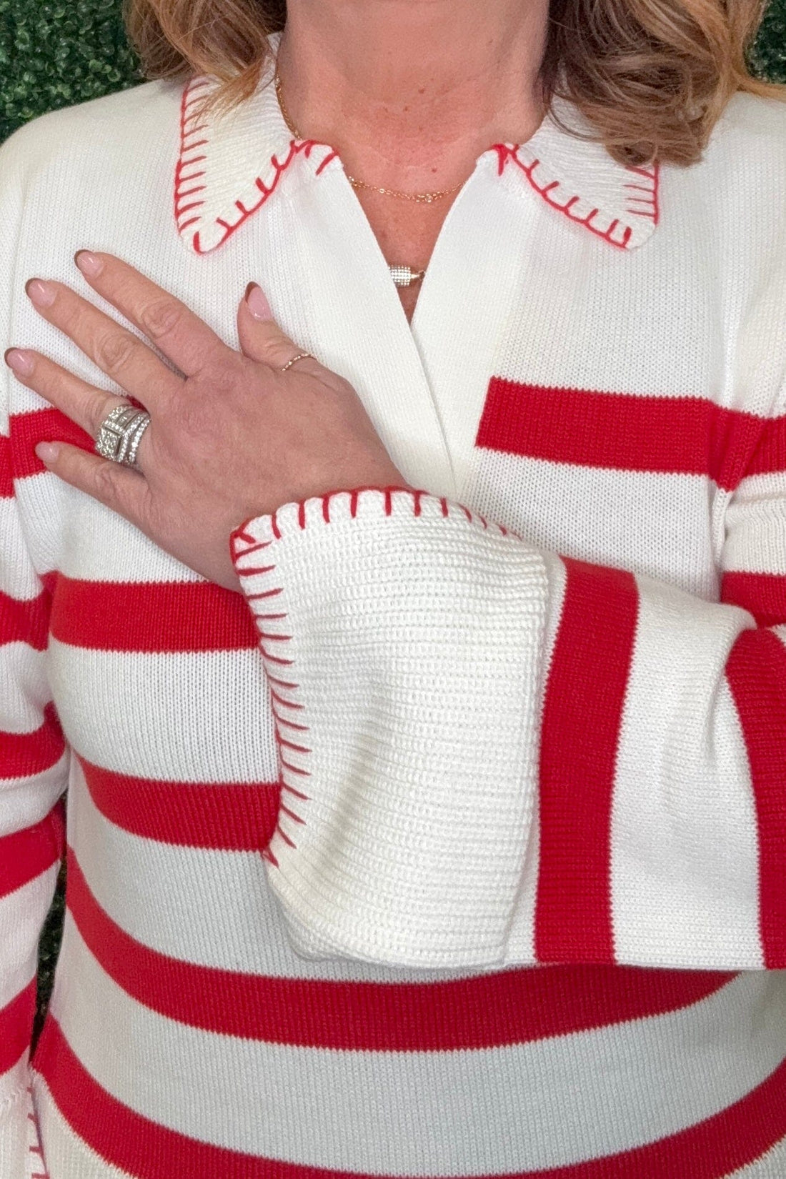 Long Sleeve Polo Sweater w/Blanket Stitch MISSY TOP SPECIAL TRIBAL