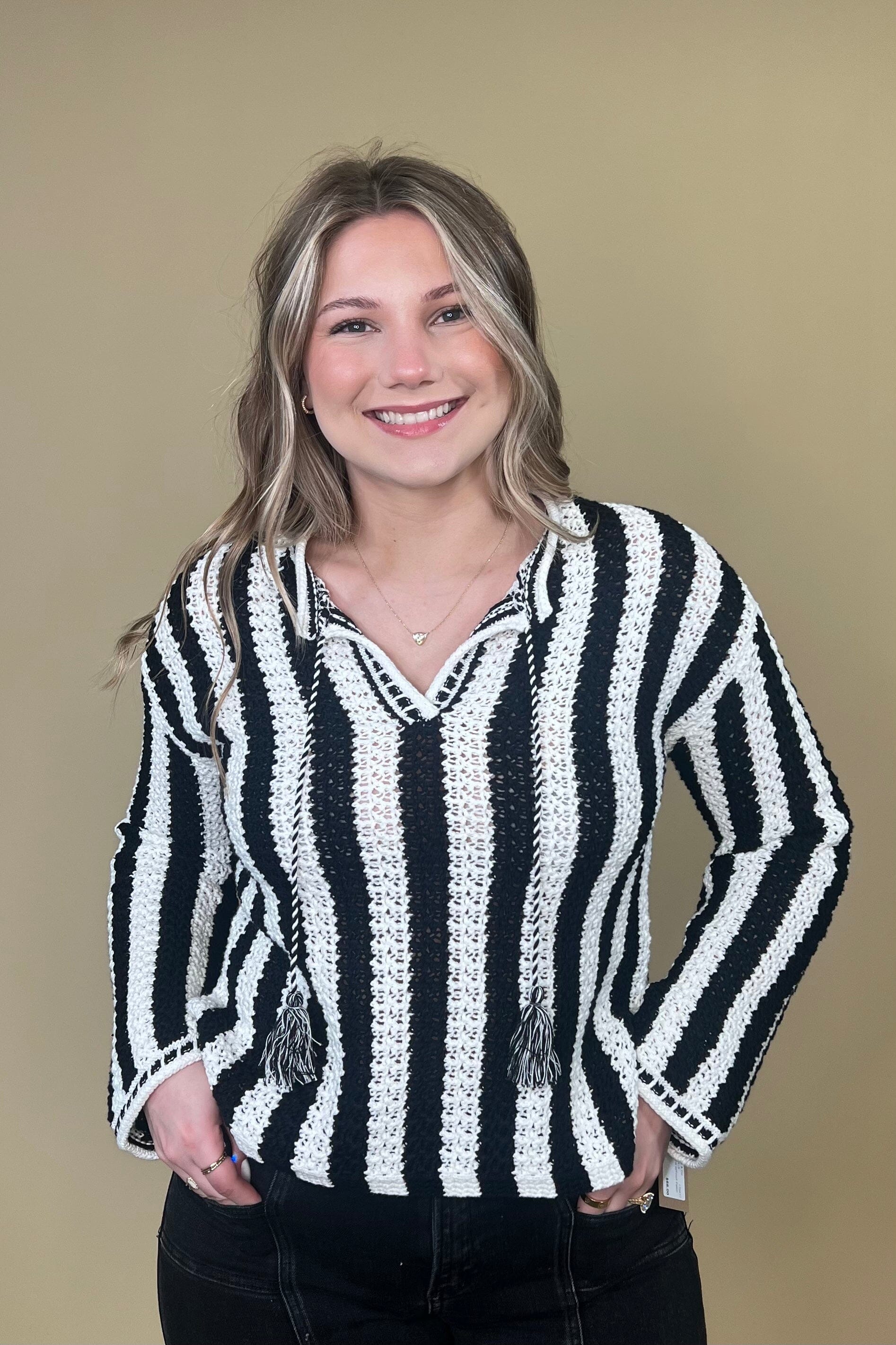 Long Sleeve Notch Collar Striped Sweater SWEATER TRIBAL