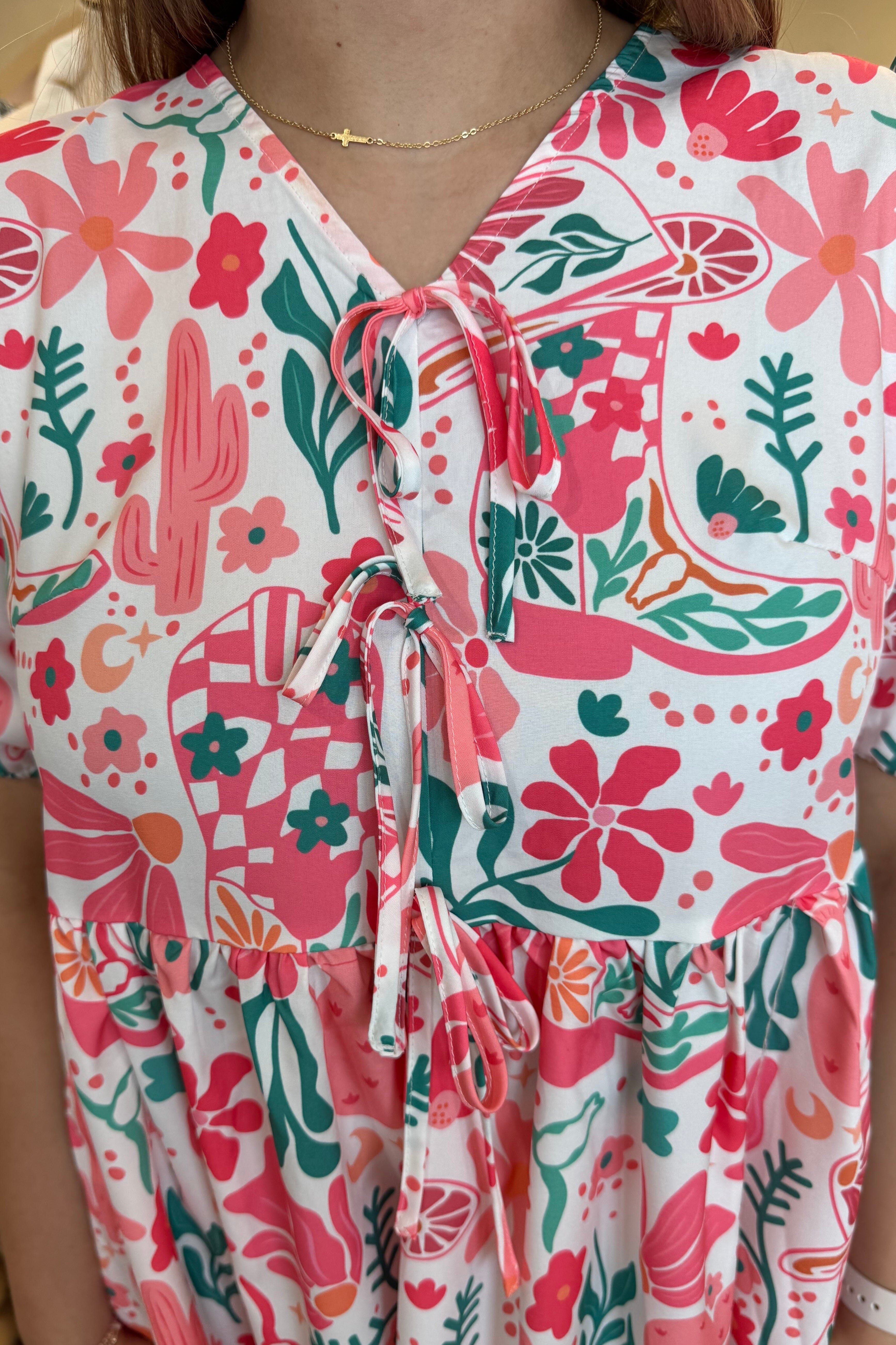 Pink Boot Boho Front Tie Dress DRESS TURQUOISE HAVEN