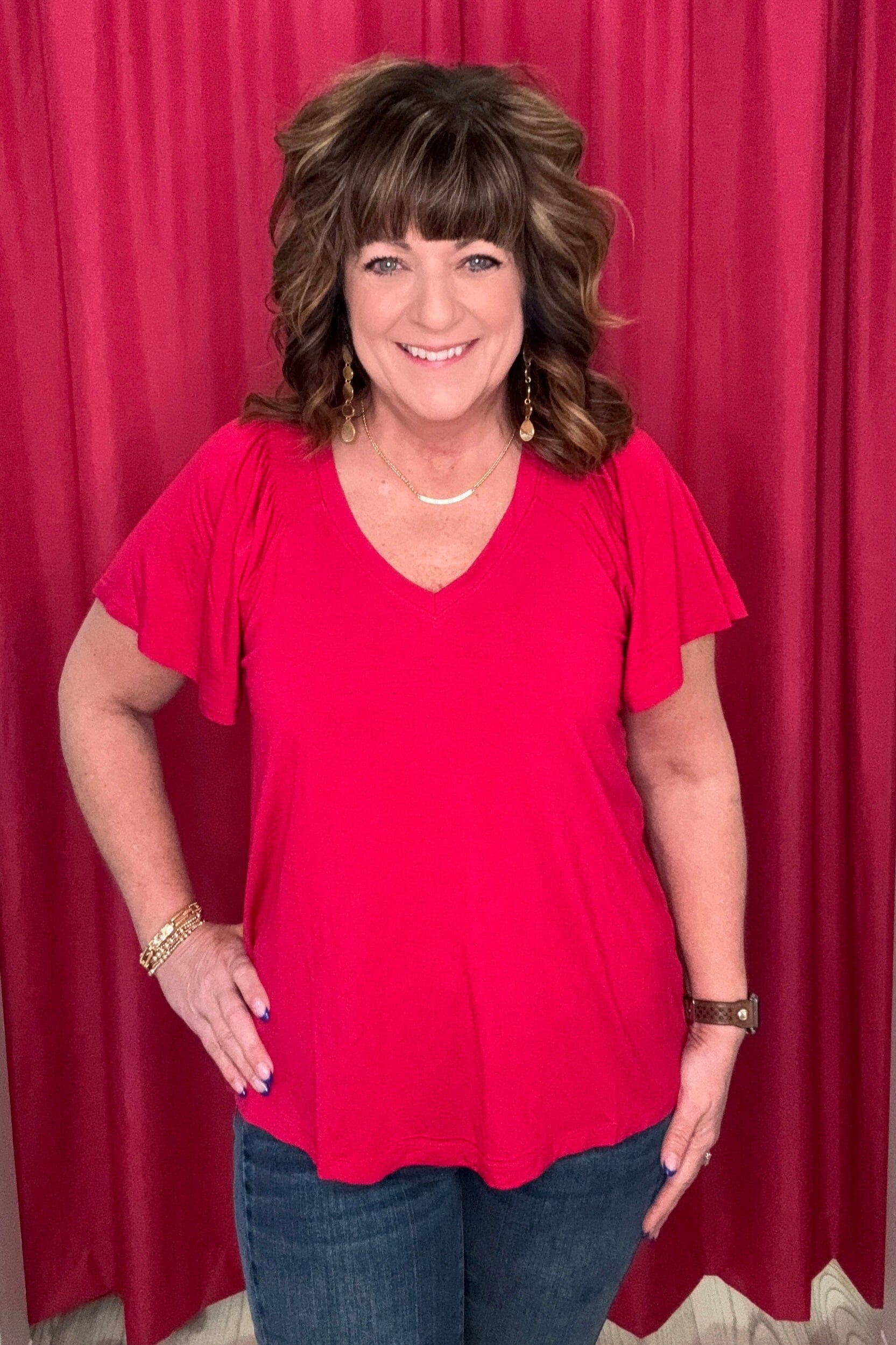 Short Flutter Sleeve V-Neck Knit Top MISSY BASIC KNIT LIVERPOOL