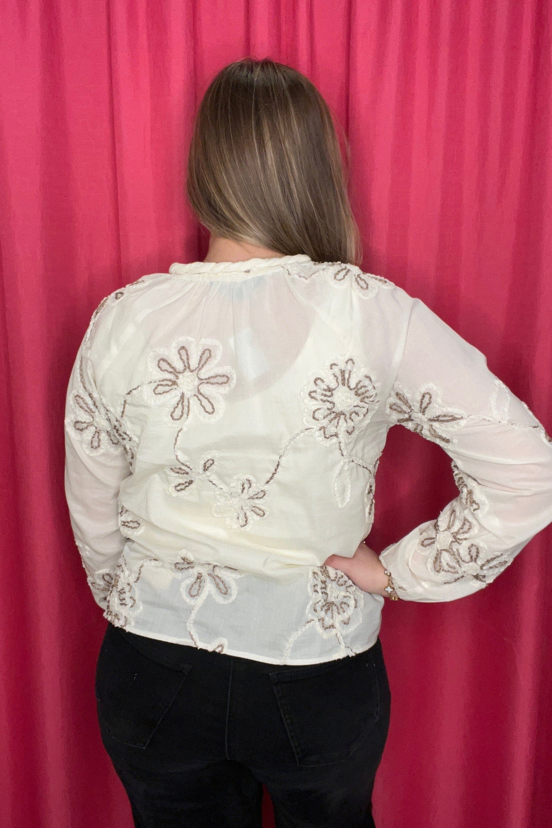 Textured Embroidered Cotton Raglan Long Sleeve Blouse MISSY TOP SPECIAL CHARLIEB