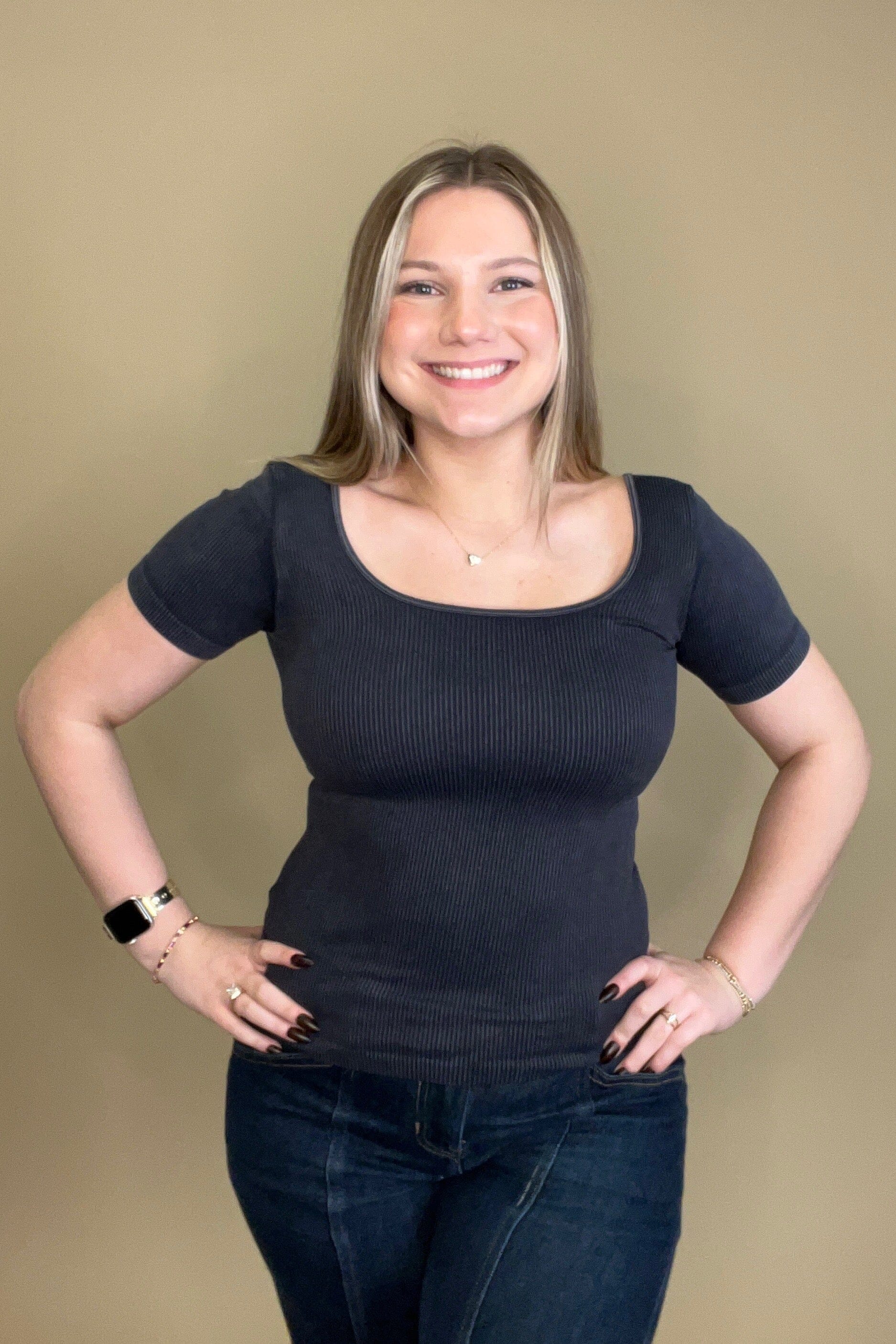 Ribbed Short Sleeve Reversible Top JRTOP CASUAL TOP YELETE BLACK SMALL-LARGE