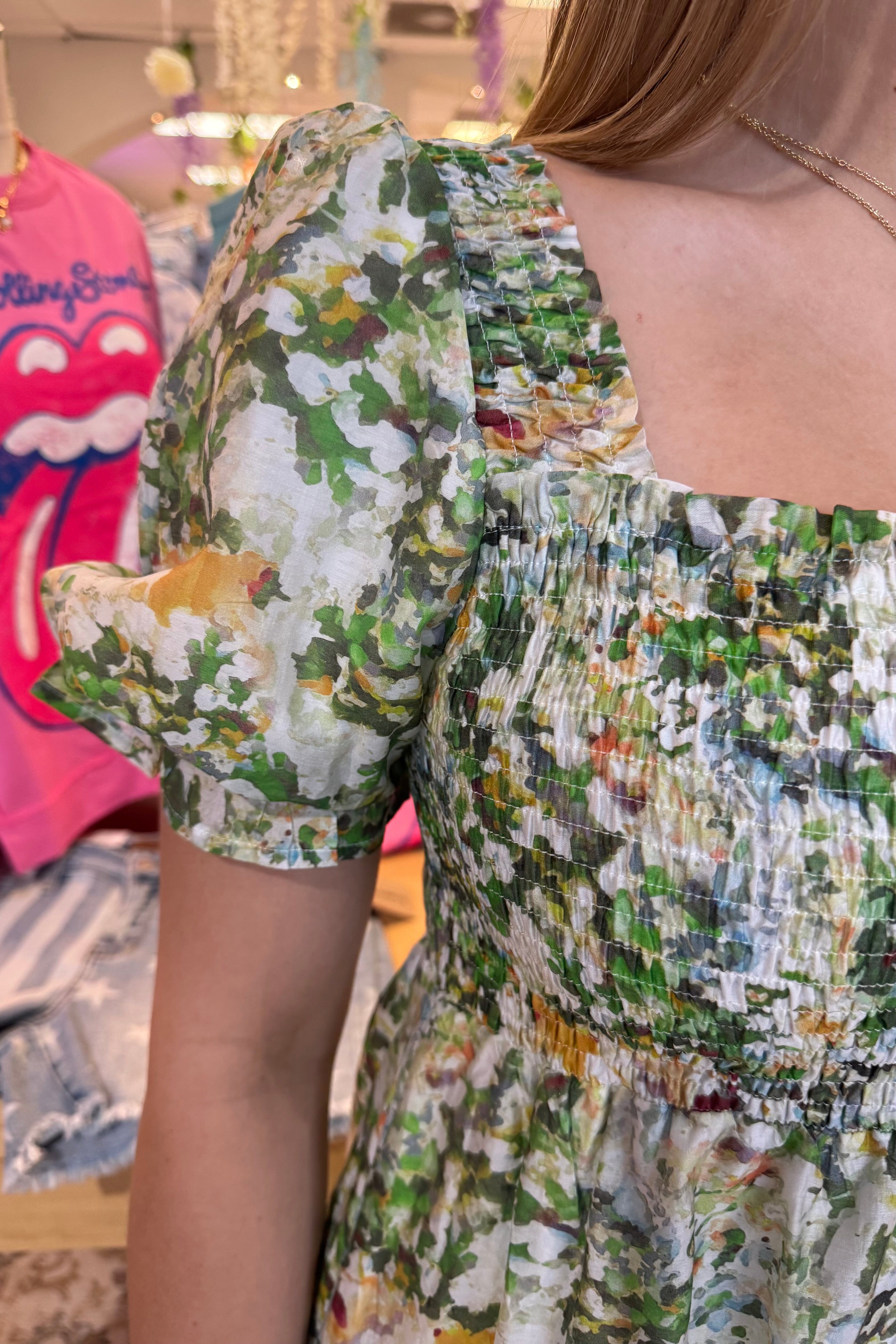 Printed Chiffon Smocked Babydoll Midi Dress DRESS ALLIE & ROSE