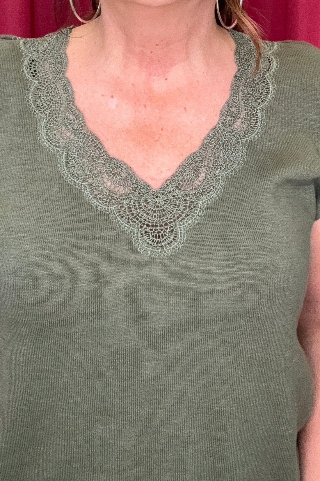 Short Split Sleeve Embroidered Lace V-Neck Sweater MISSY TOP SPECIAL DEMOCRACY