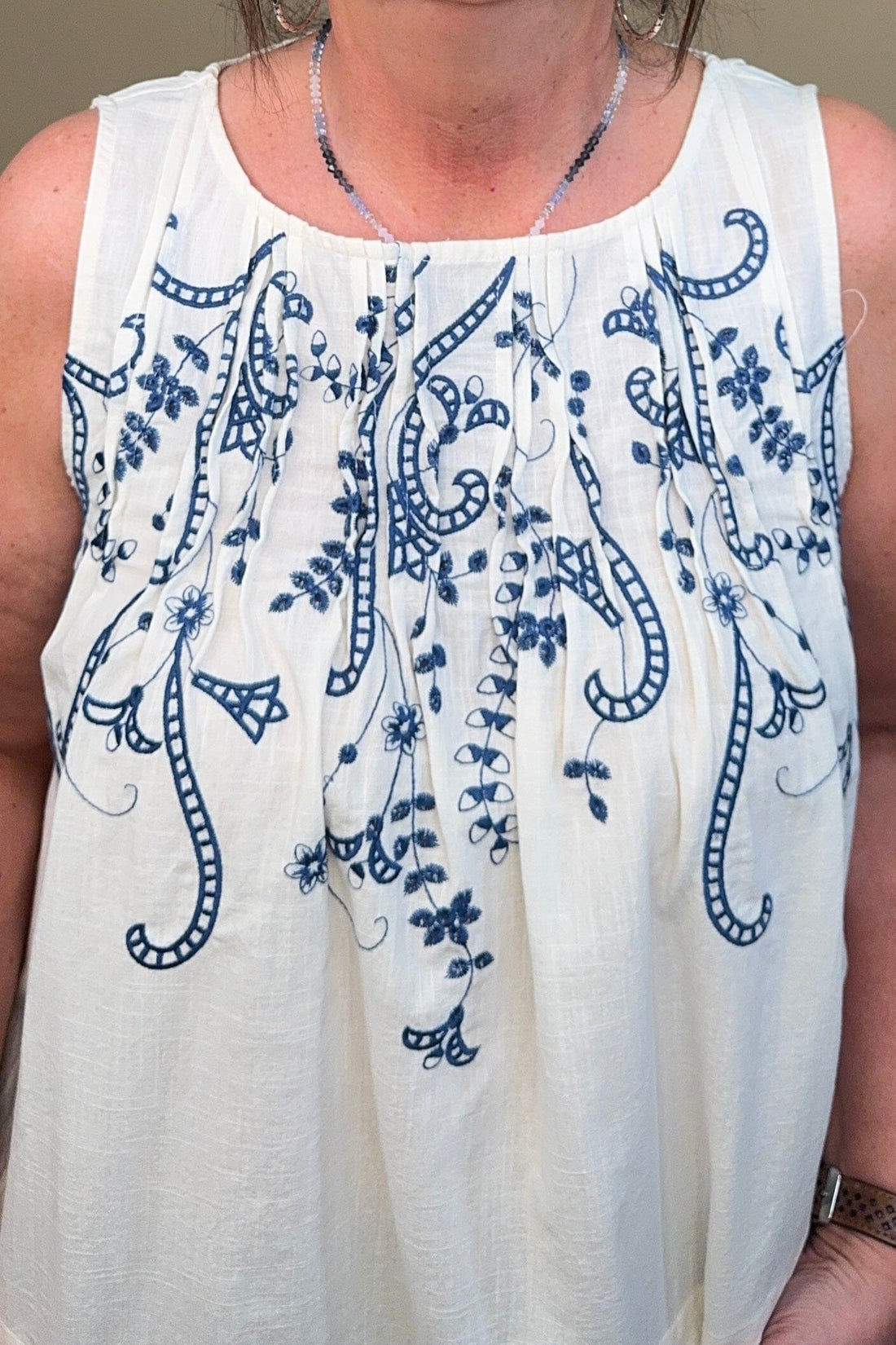 Sleeveless Boat Neck Woven Top w/Pintucks MISSY TOP SPECIAL LIVERPOOL