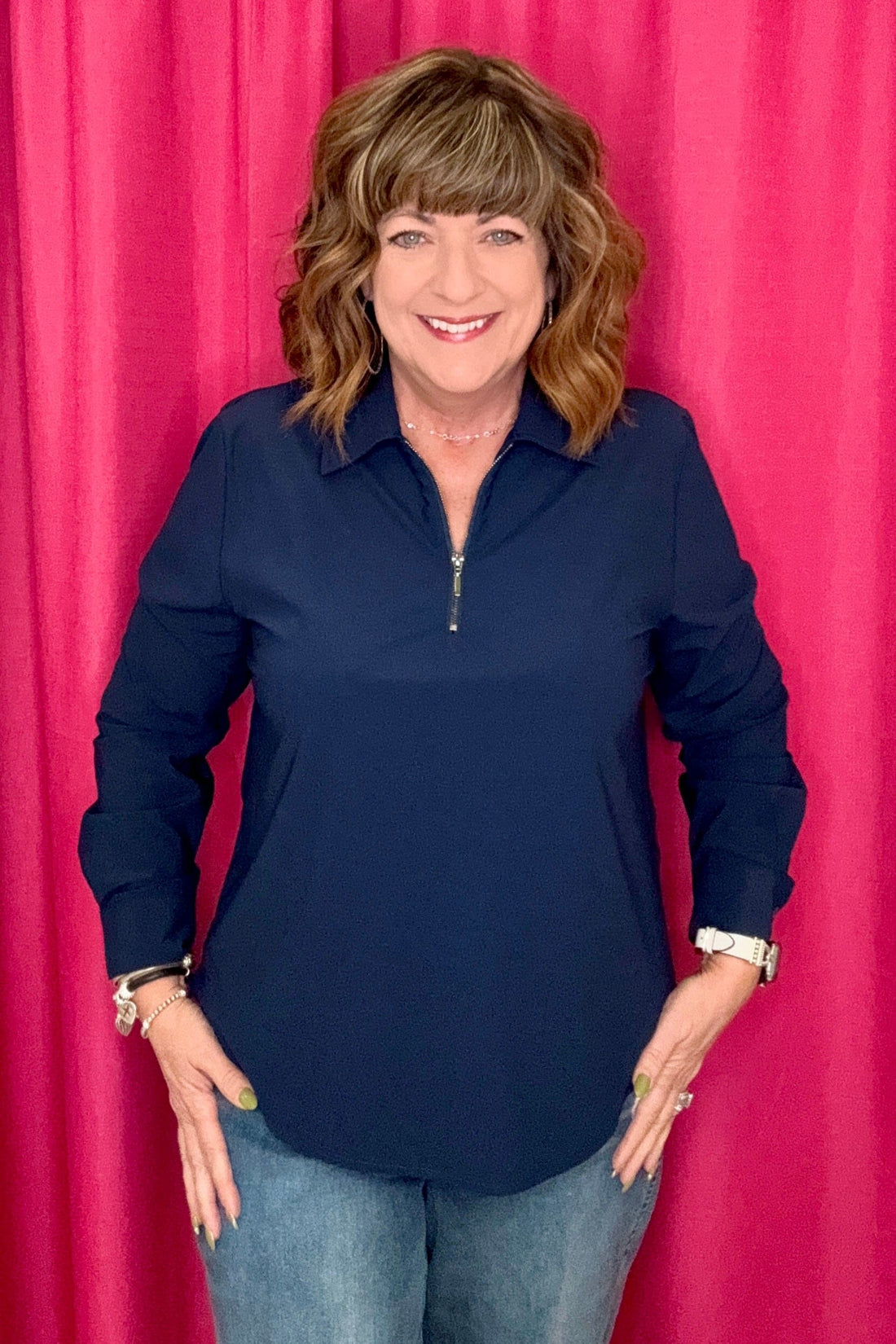 Long Sleeve Collared Zip Front Knit Shirt MISSY TOP SPECIAL LIVERPOOL NAVY XS