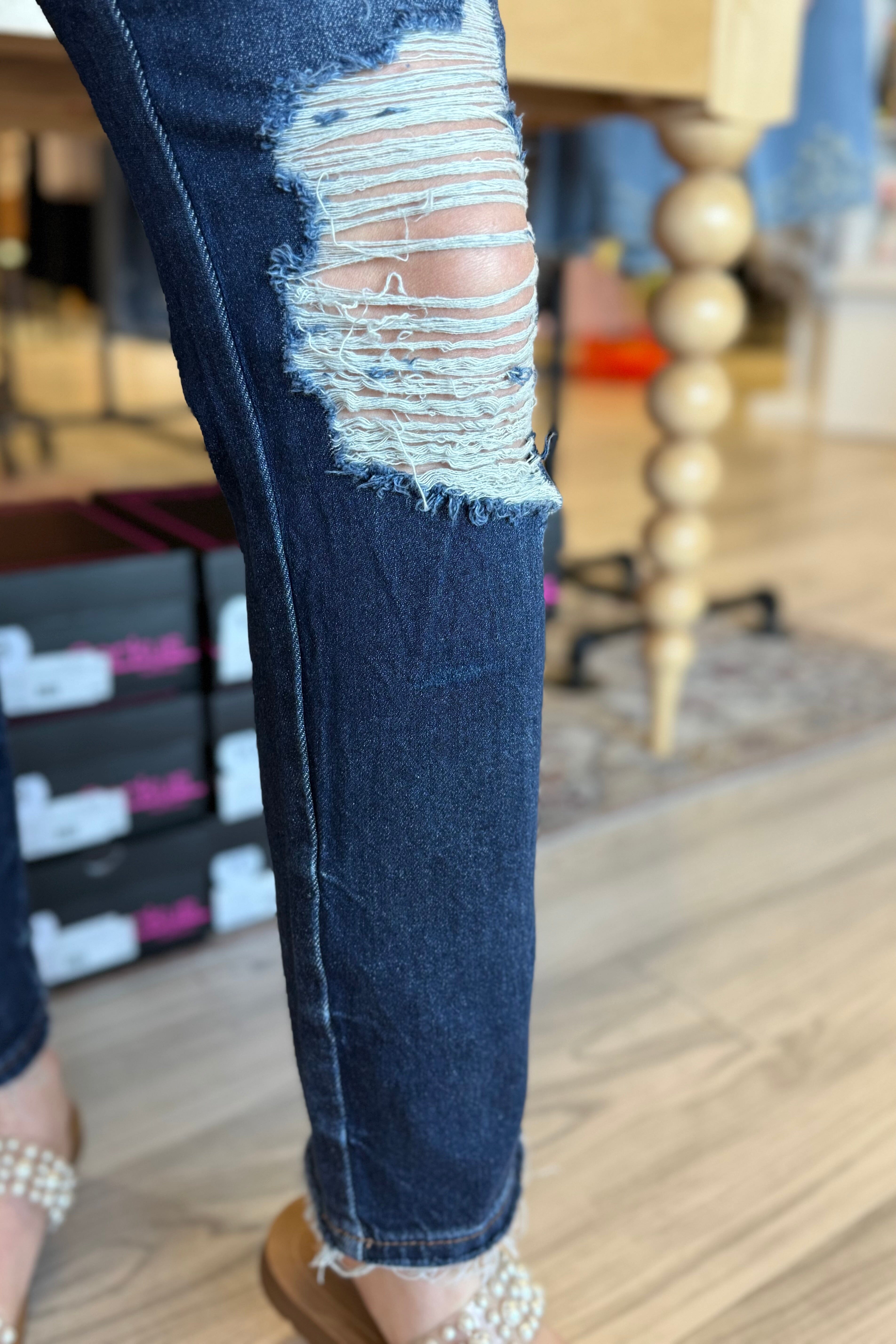 High Rise Rigid Front Stretch Back Distressed Straight Leg Jeans JEANS JUDY BLUE