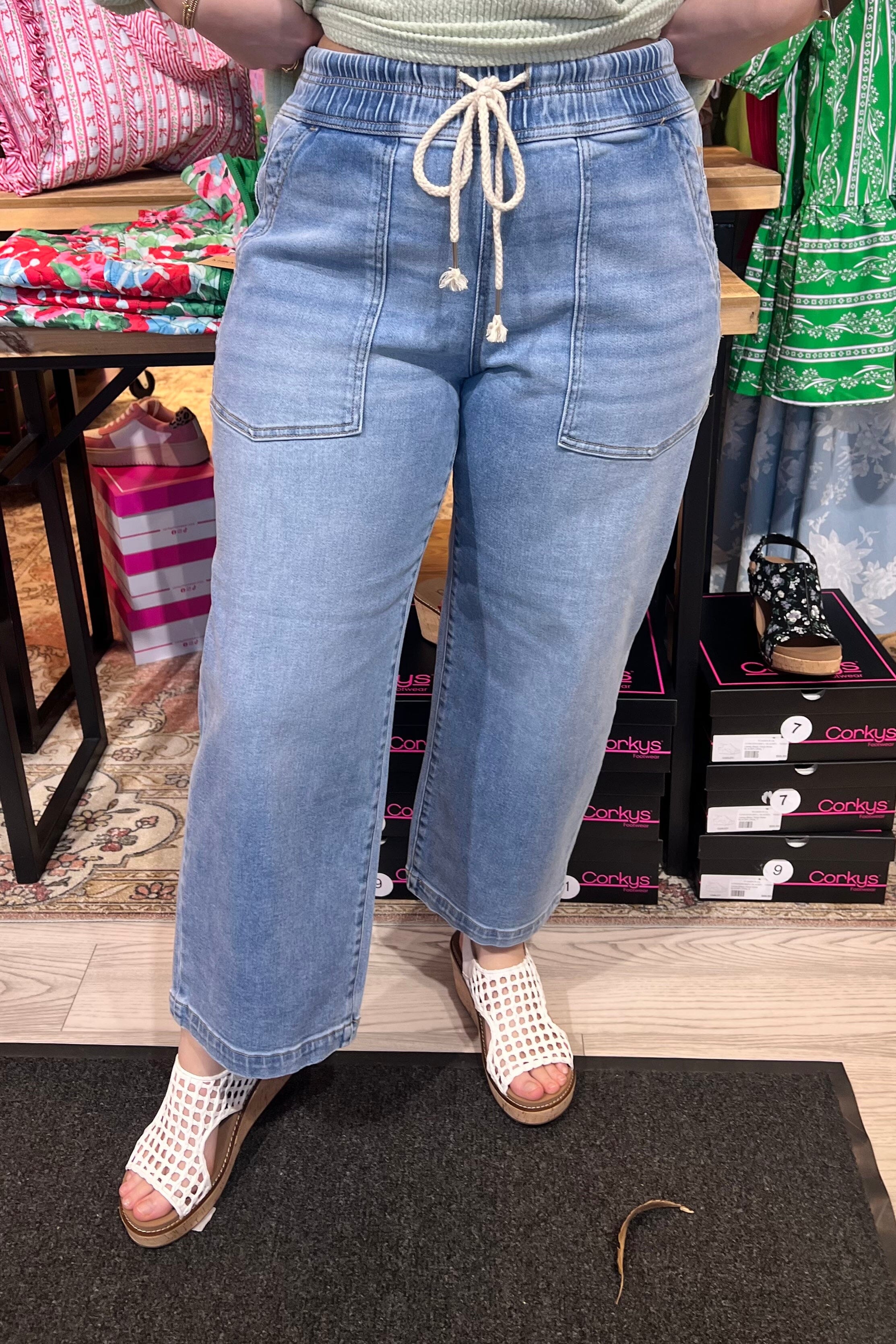 Elastic Band Slouchy Crop Baggy Patch Pockets Jeans JEANS RISEN