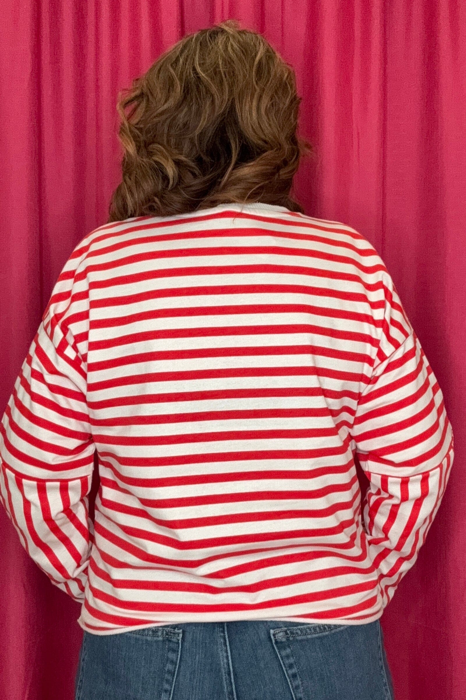 Long Sleeve Striped Top w/Sequin Santa Patches MISSY BASIC KNIT SUGAR STITCH