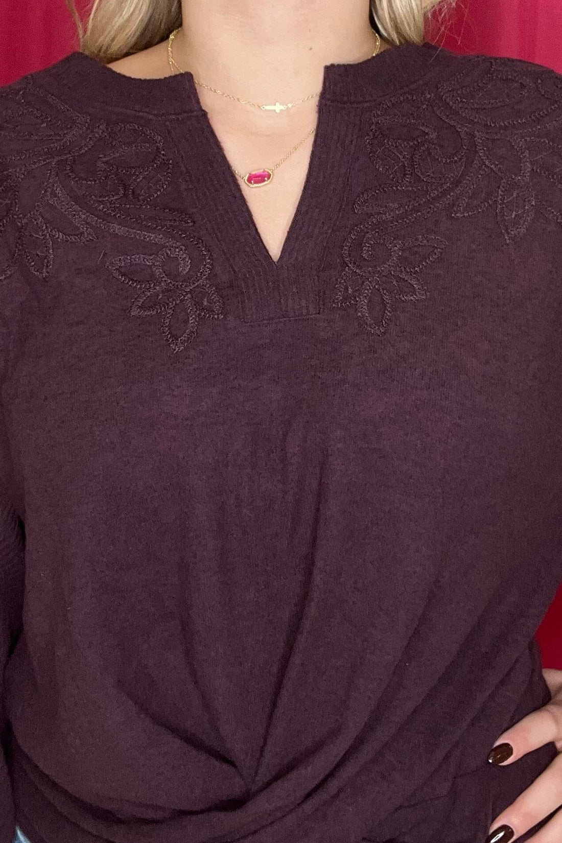 3/4 Sleeve Mandarin Collar Half Placket Twist Front Hem MISSY TOP SPECIAL DEMOCRACY