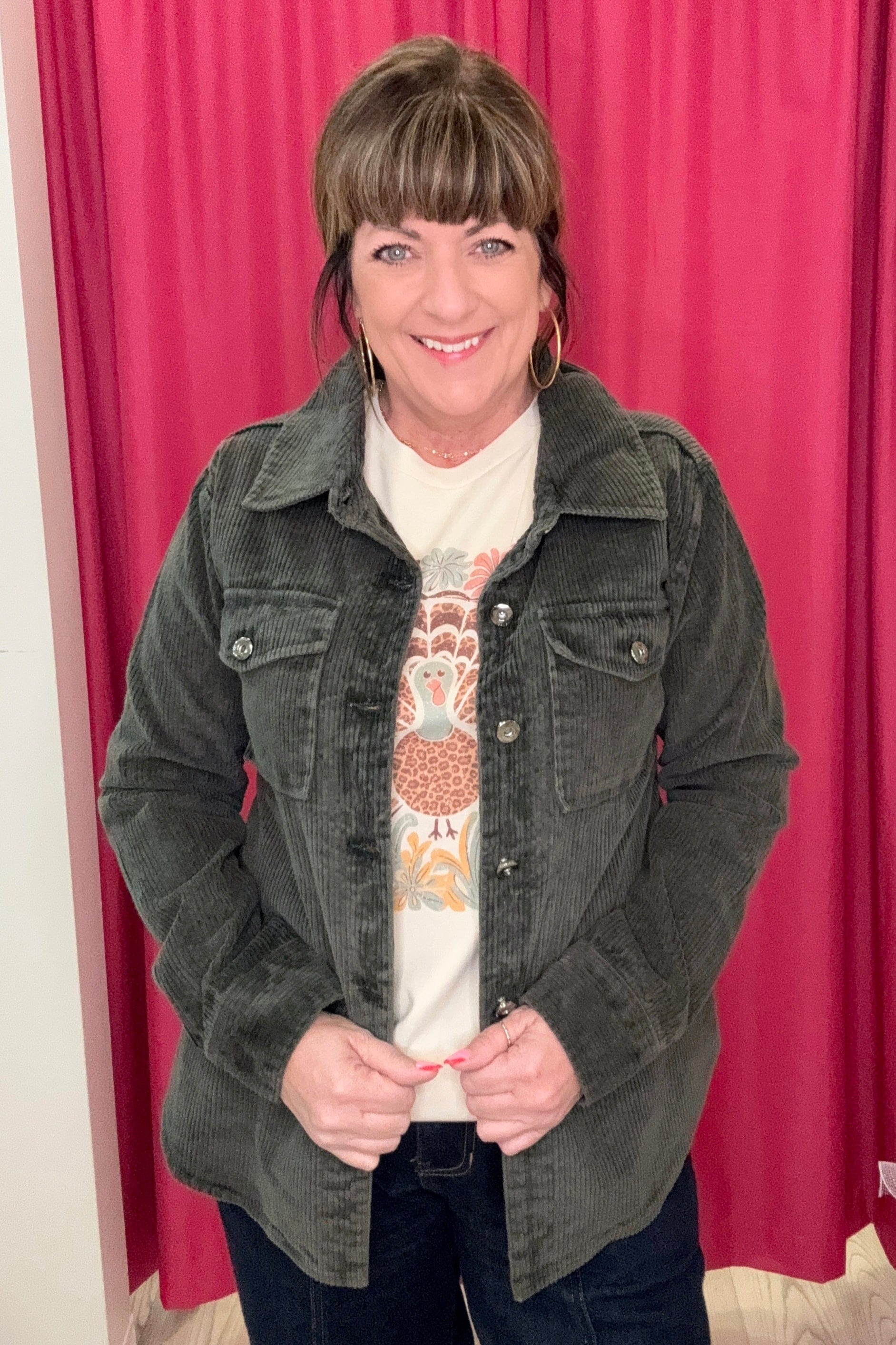 Long Sleeve Corduroy Button Down w/Pockets OUTFIT COMPLETER KEREN HART