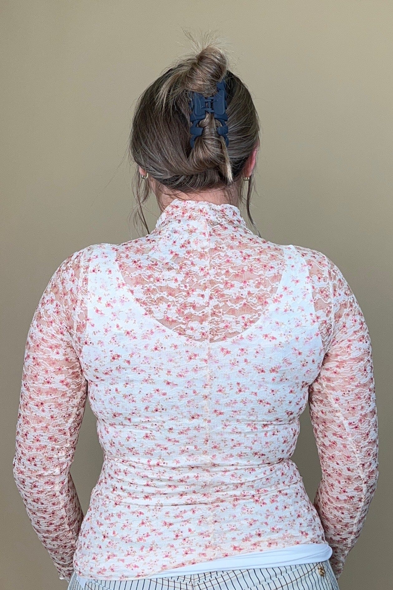 Long Sleeve Floral Lace Mesh - Cream/Pink MISSY BASIC KNIT VERYJ