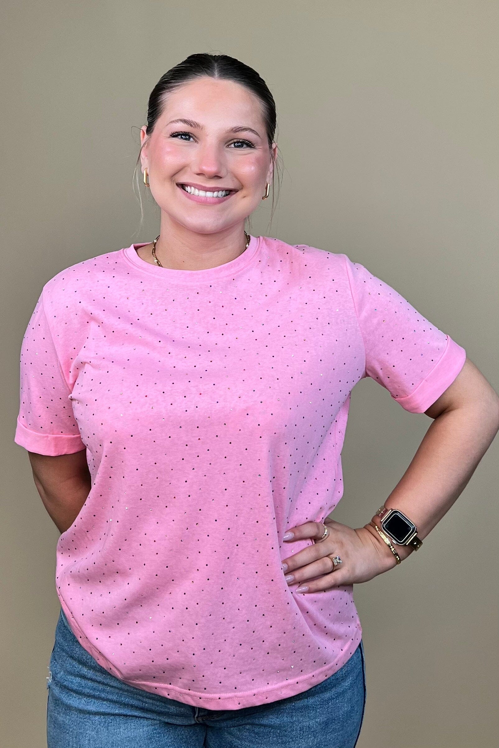 Short Rolled Sleeve Tee w/Colored Rhinestones JRTOP CASUAL TOP DAVI&DANI