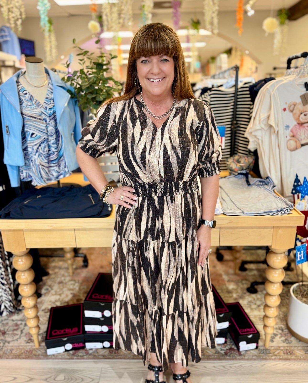Smocked Sleeve Split Neck 3 Tiered Dress DRESS DEMOCRACY