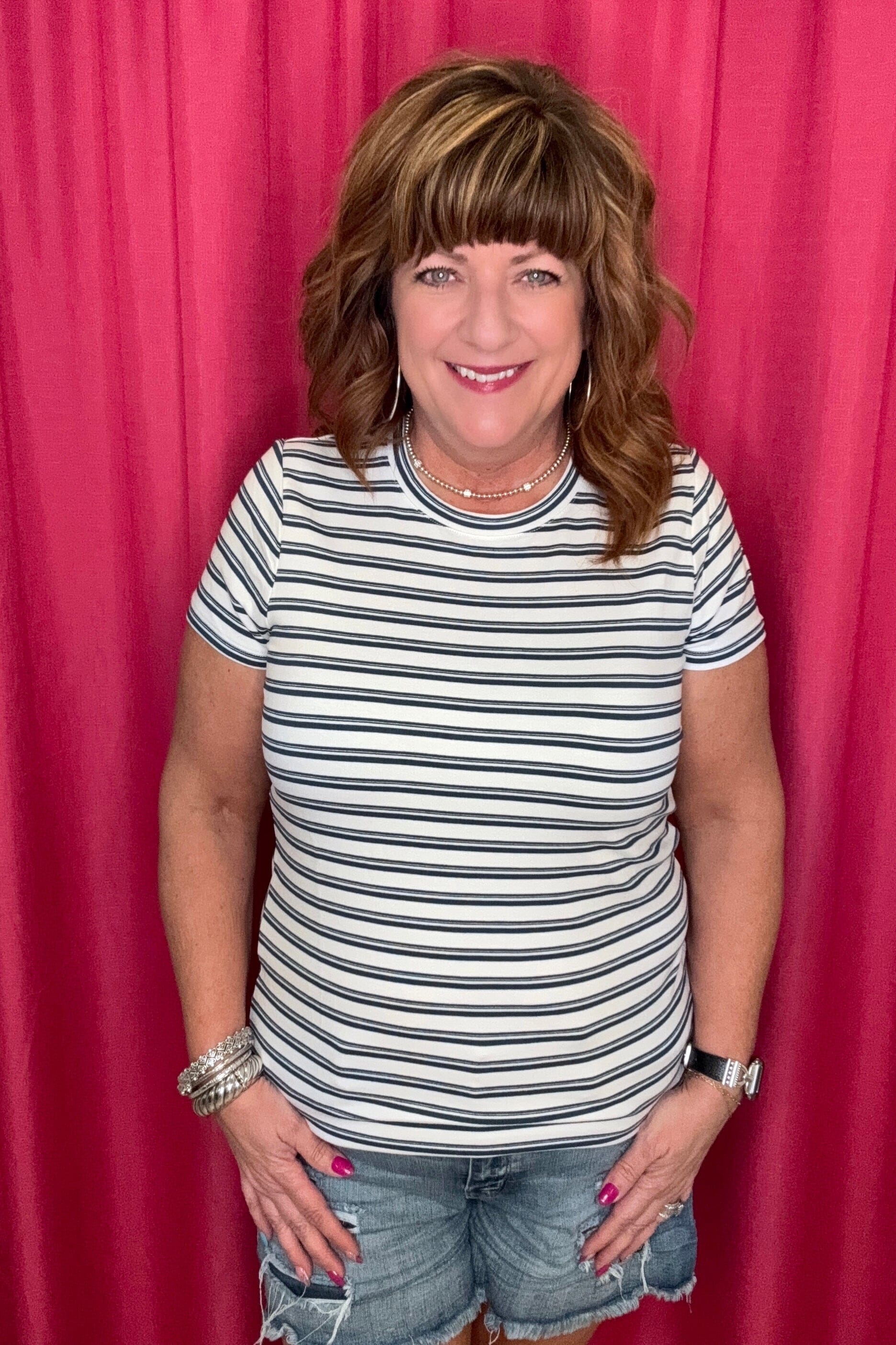 Short Sleeve Crew Neck Classic Knit Tee MISSY BASIC KNIT LIVERPOOL WHT/INDIGOSTRP XS